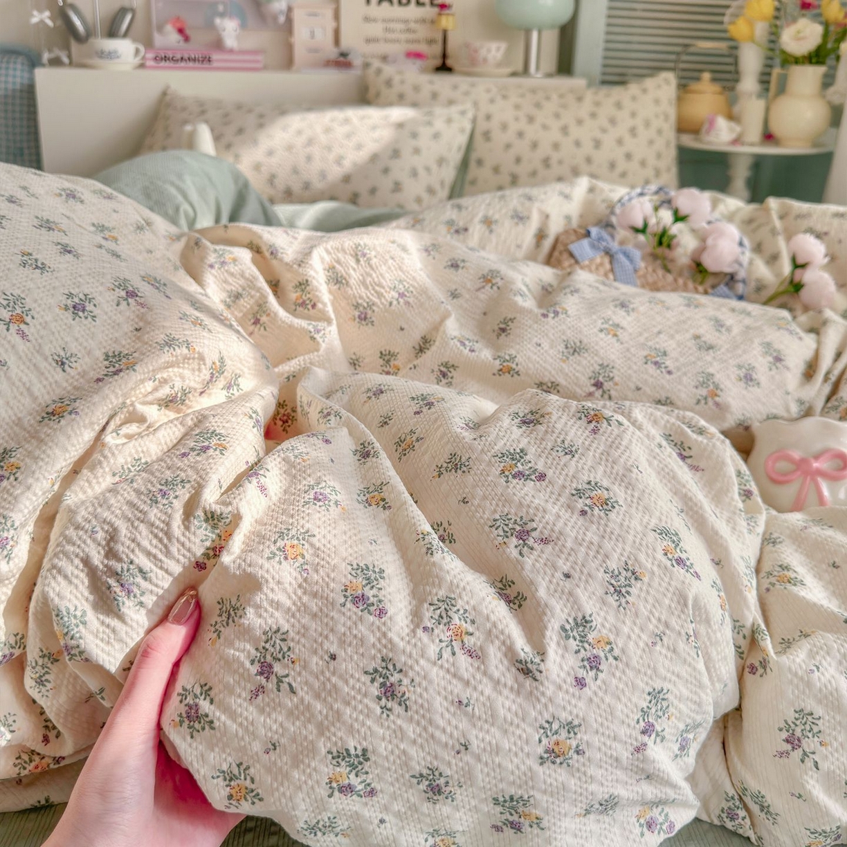 91家纺网 家纺一手货源 找家纺 优选 2026新款110g小清新高克重高品质直播热卖款A类泡芙棉双层纱四件套 七里香