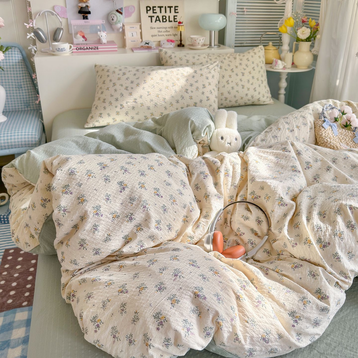 91家纺网 家纺一手货源 找家纺 优选 2026新款110g小清新高克重高品质直播热卖款A类泡芙棉双层纱四件套 七里香