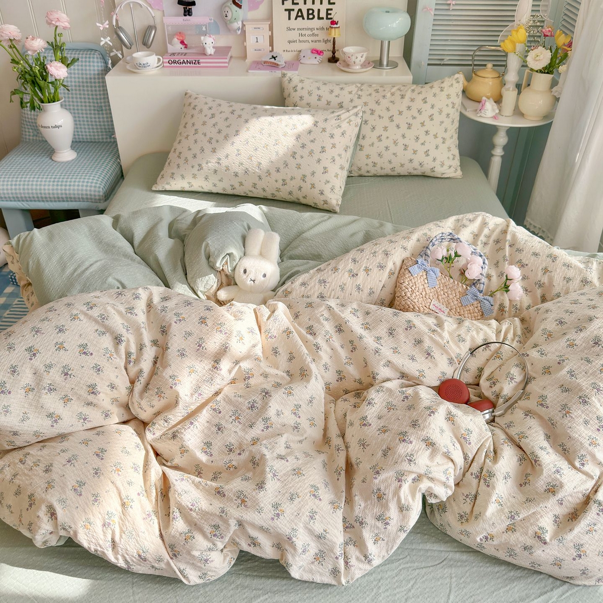 91家纺网 家纺一手货源 找家纺 优选 2026新款110g小清新高克重高品质直播热卖款A类泡芙棉双层纱四件套 七里香