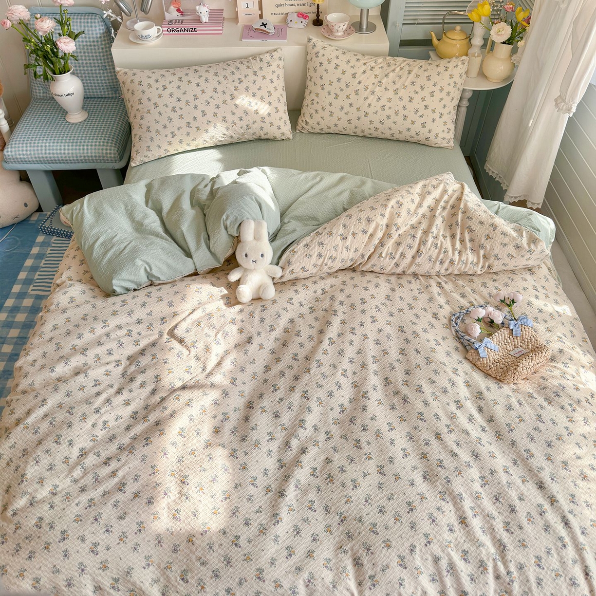 91家纺网 家纺一手货源 找家纺 优选 2026新款110g小清新高克重高品质直播热卖款A类泡芙棉双层纱四件套 七里香