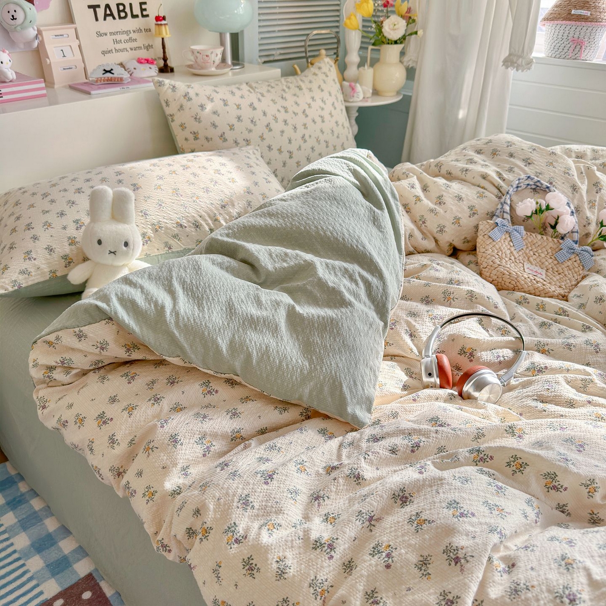 91家纺网 家纺一手货源 找家纺 优选 2026新款110g小清新高克重高品质直播热卖款A类泡芙棉双层纱四件套 七里香