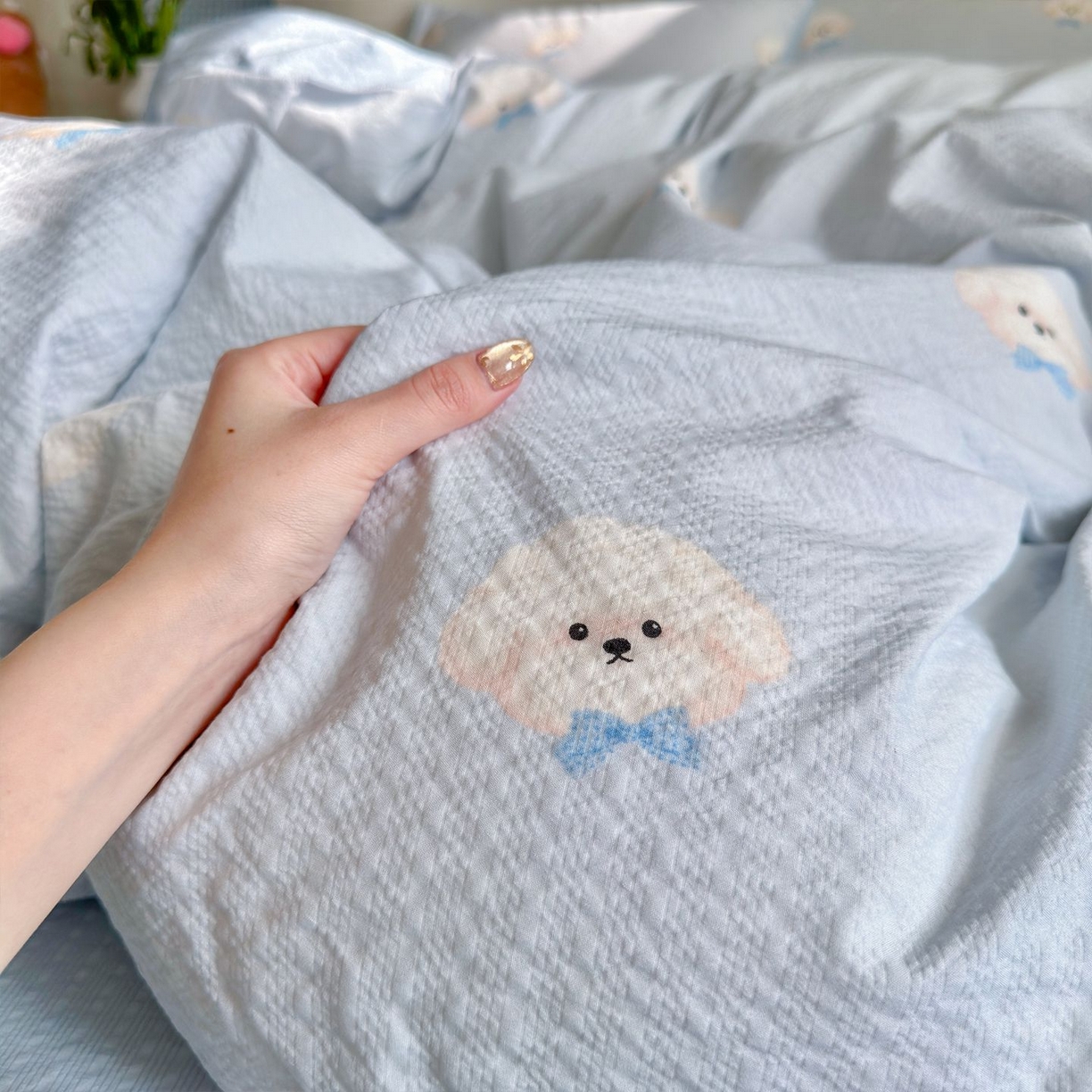 91家纺网 家纺一手货源 找家纺 优选 2026新款110g小清新高克重高品质直播热卖款A类泡芙棉双层纱四件套 绒绒狗