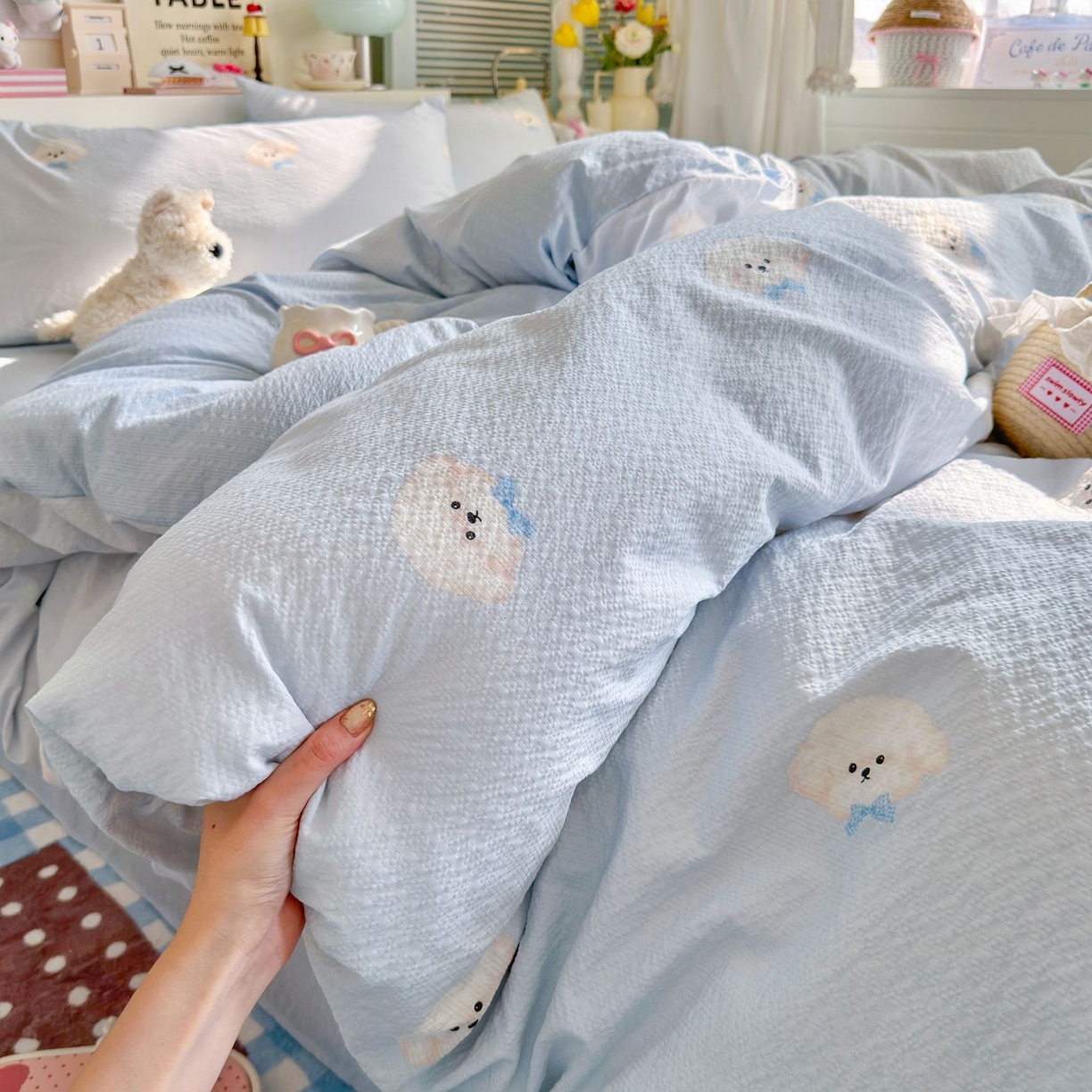 91家纺网 家纺一手货源 找家纺 优选 2026新款110g小清新高克重高品质直播热卖款A类泡芙棉双层纱四件套 绒绒狗