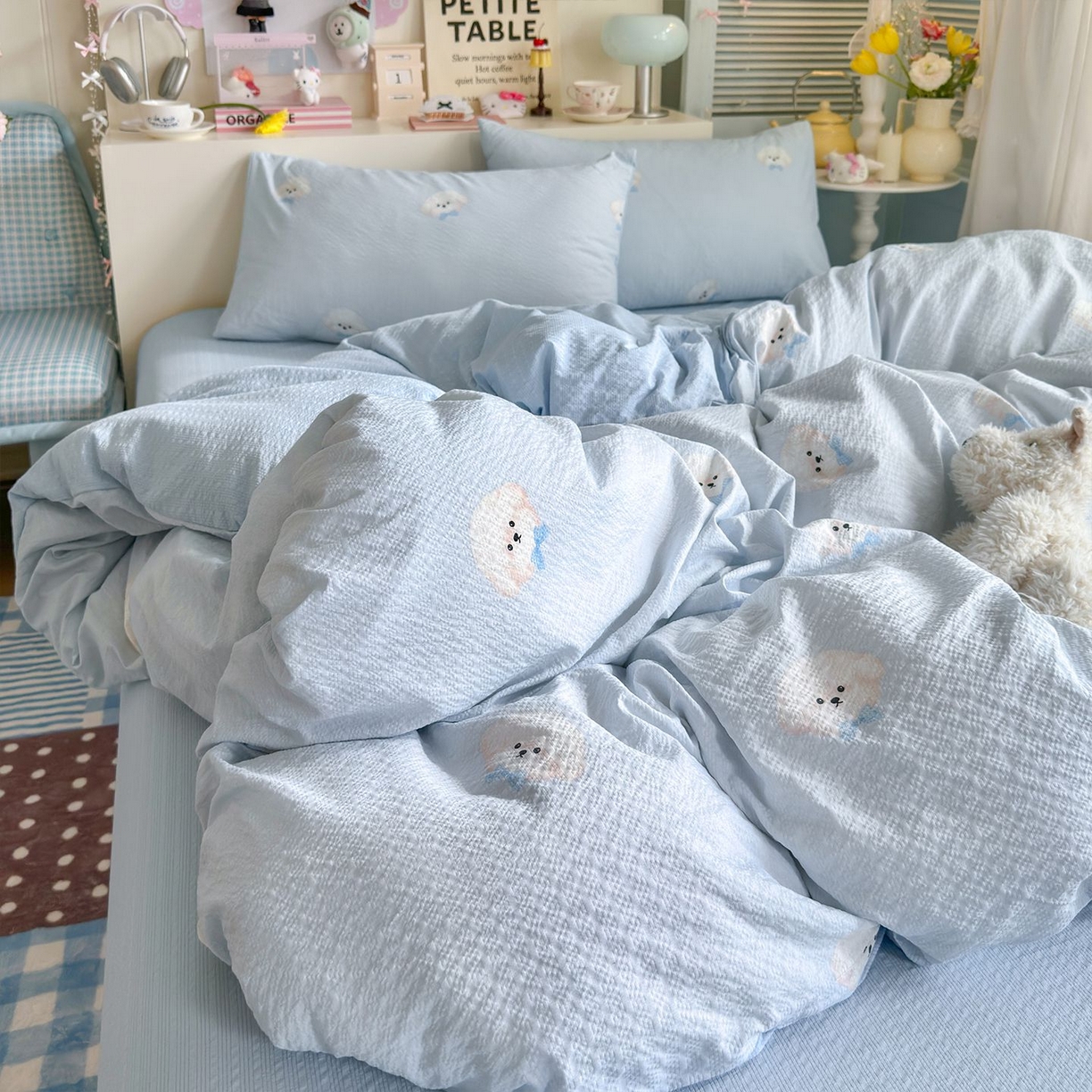 91家纺网 家纺一手货源 找家纺 优选 2026新款110g小清新高克重高品质直播热卖款A类泡芙棉双层纱四件套 绒绒狗