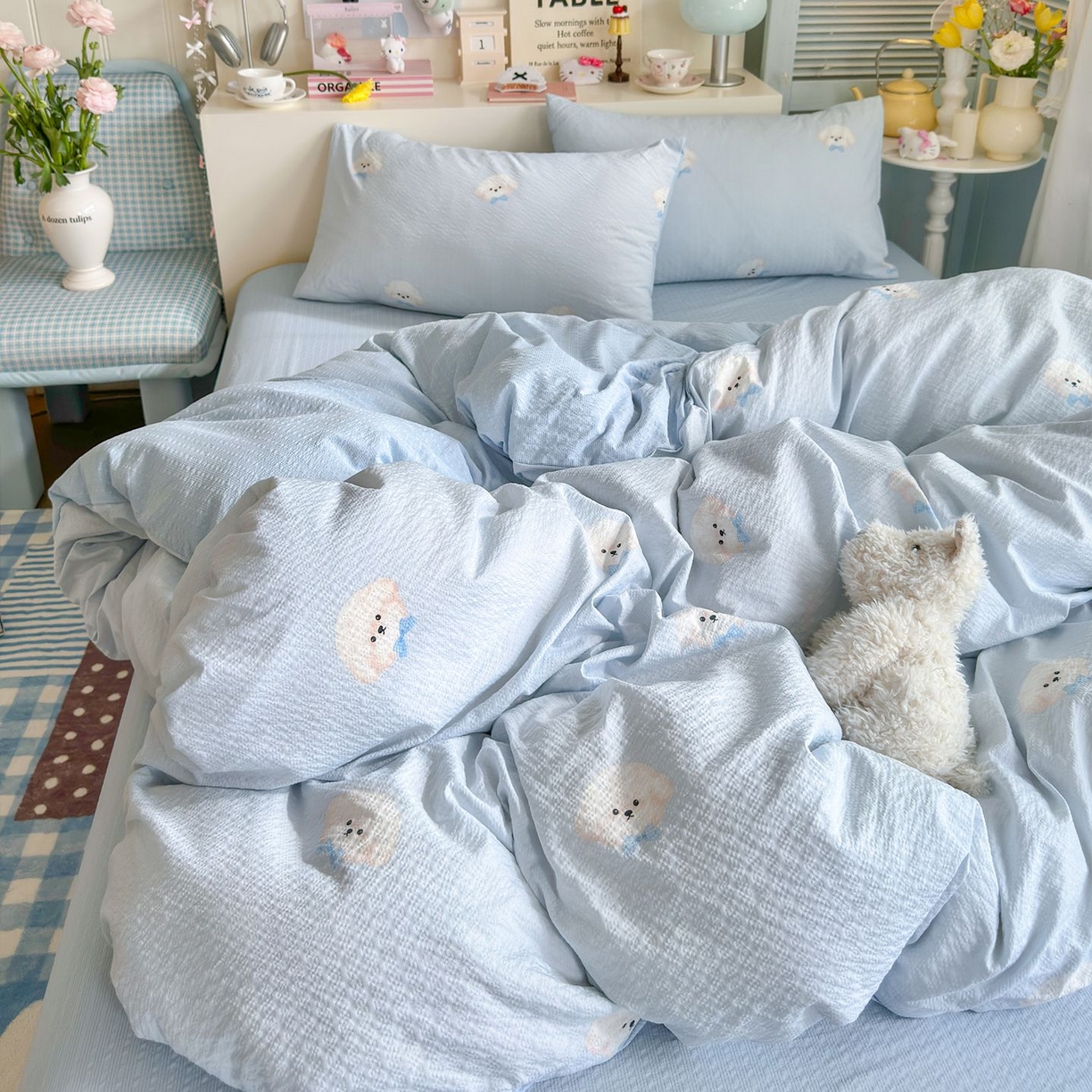 91家纺网 家纺一手货源 找家纺 优选 2026新款110g小清新高克重高品质直播热卖款A类泡芙棉双层纱四件套 绒绒狗