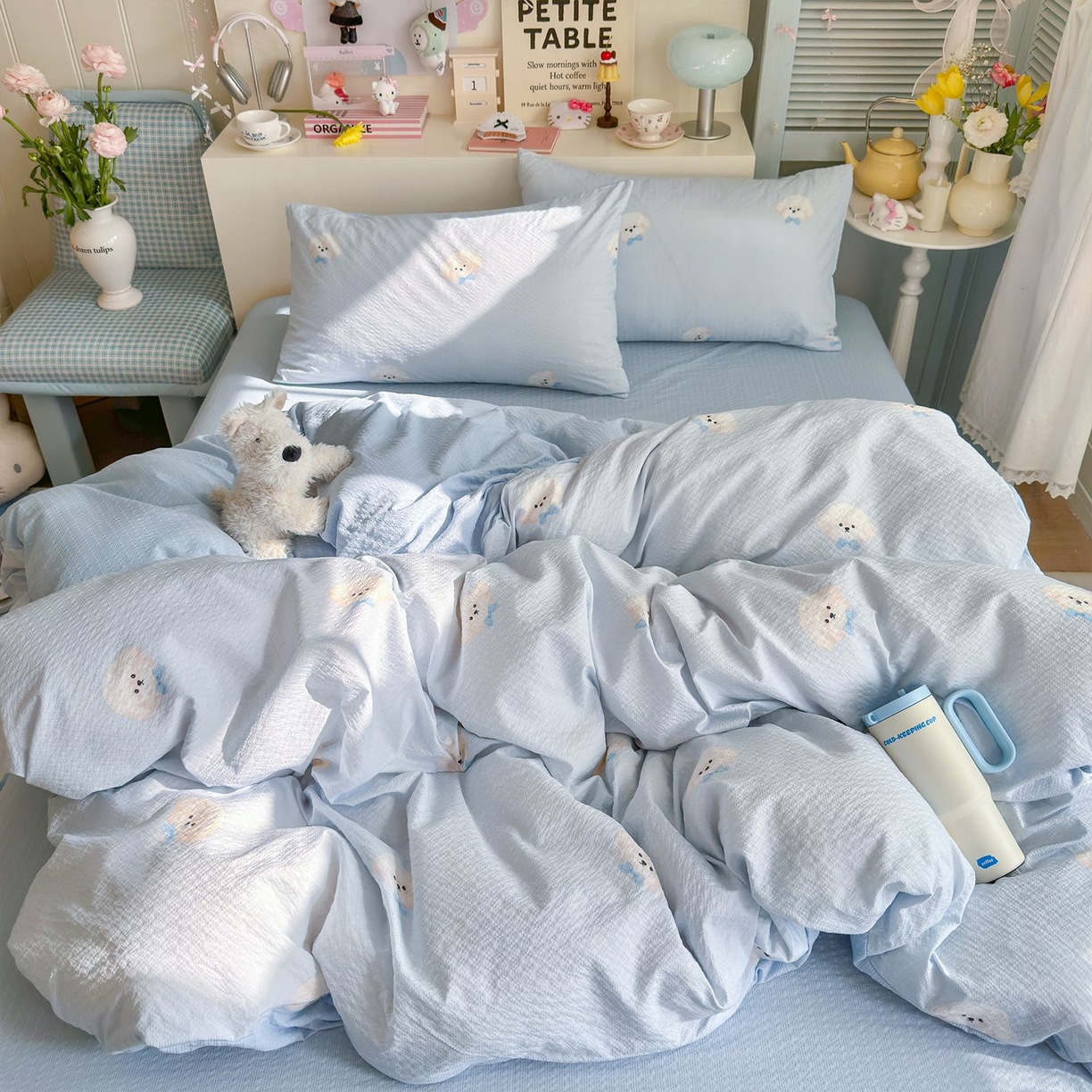 91家纺网 家纺一手货源 找家纺 优选 2026新款110g小清新高克重高品质直播热卖款A类泡芙棉双层纱四件套 绒绒狗