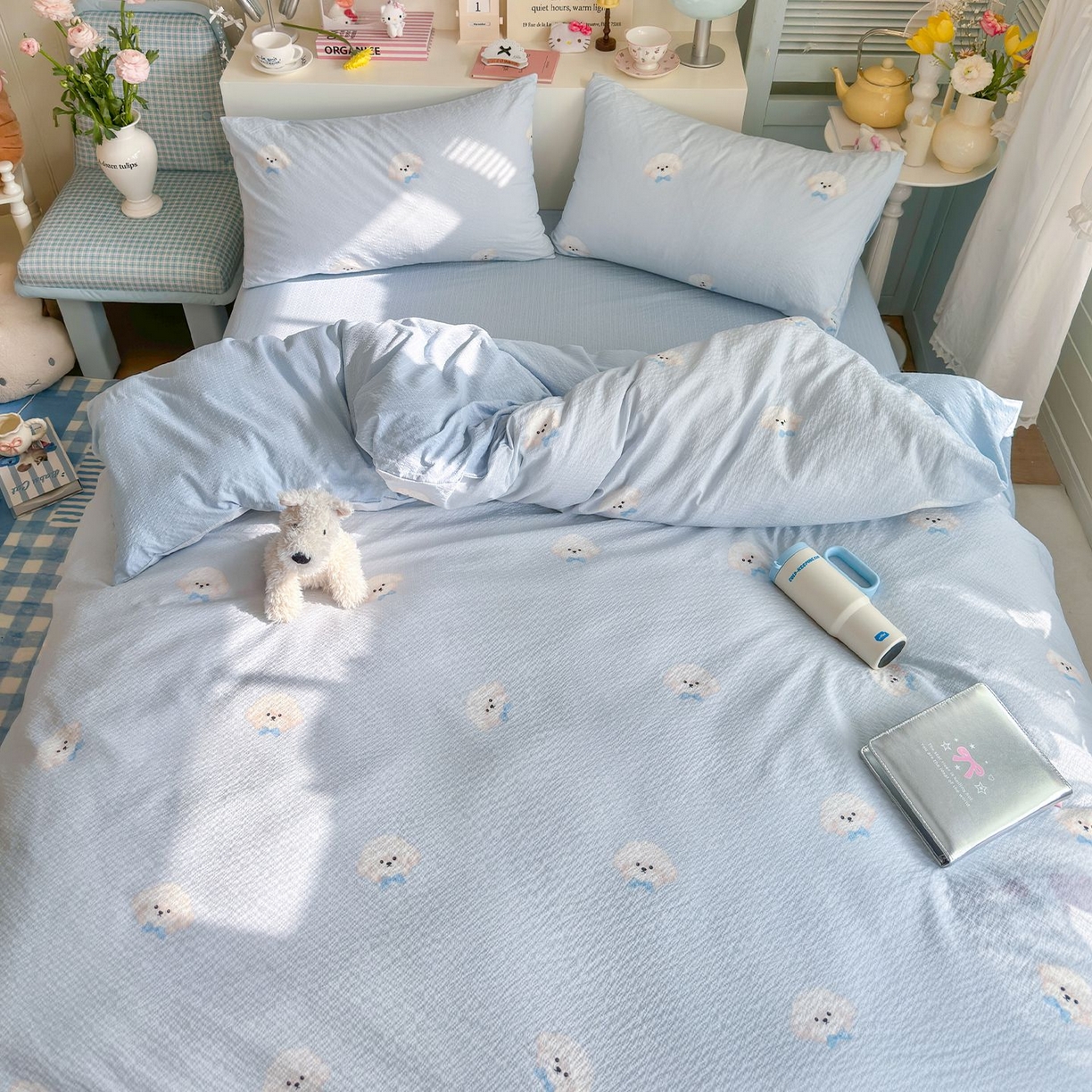 91家纺网 家纺一手货源 找家纺 优选 2026新款110g小清新高克重高品质直播热卖款A类泡芙棉双层纱四件套 绒绒狗