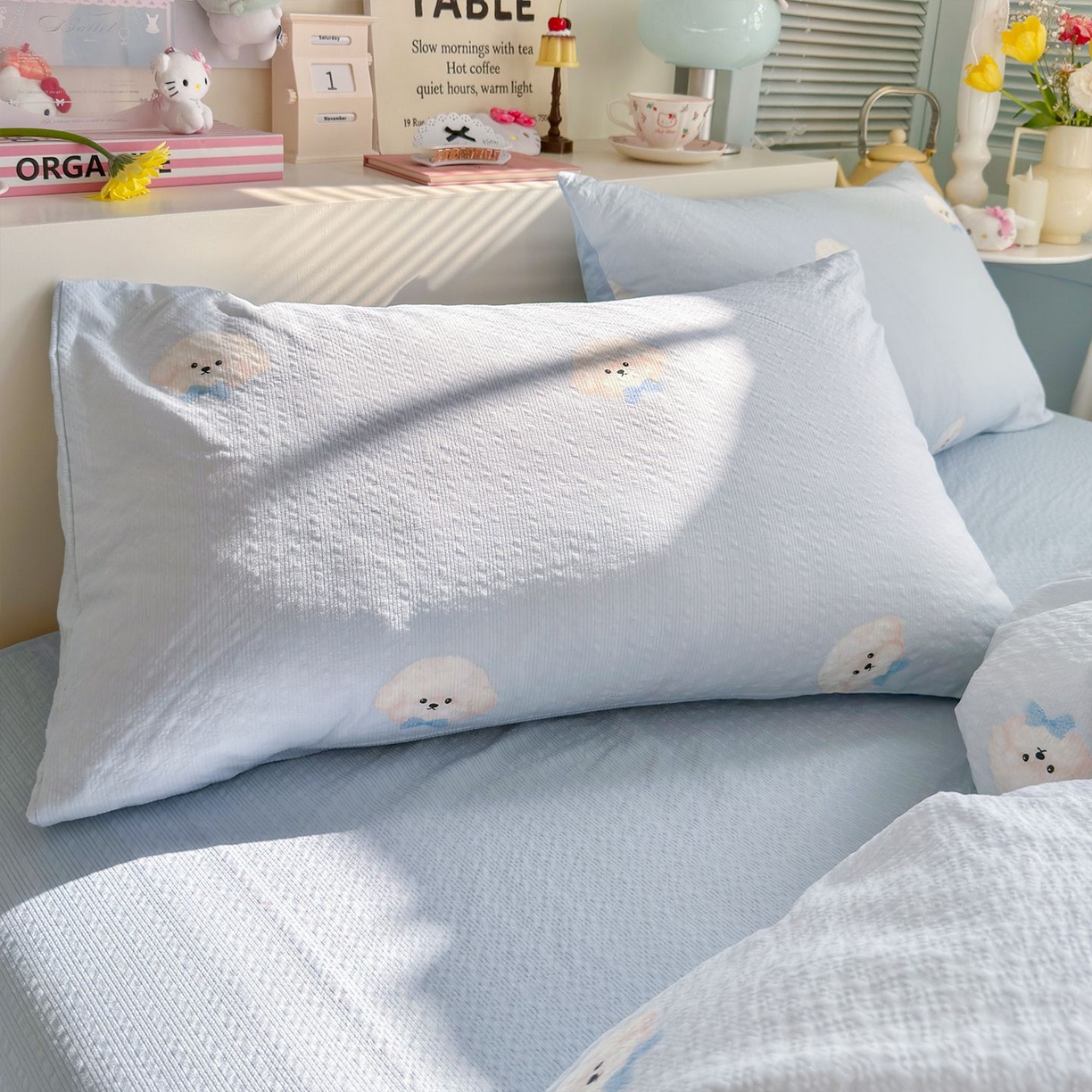 91家纺网 家纺一手货源 找家纺 优选 2026新款110g小清新高克重高品质直播热卖款A类泡芙棉双层纱四件套 绒绒狗