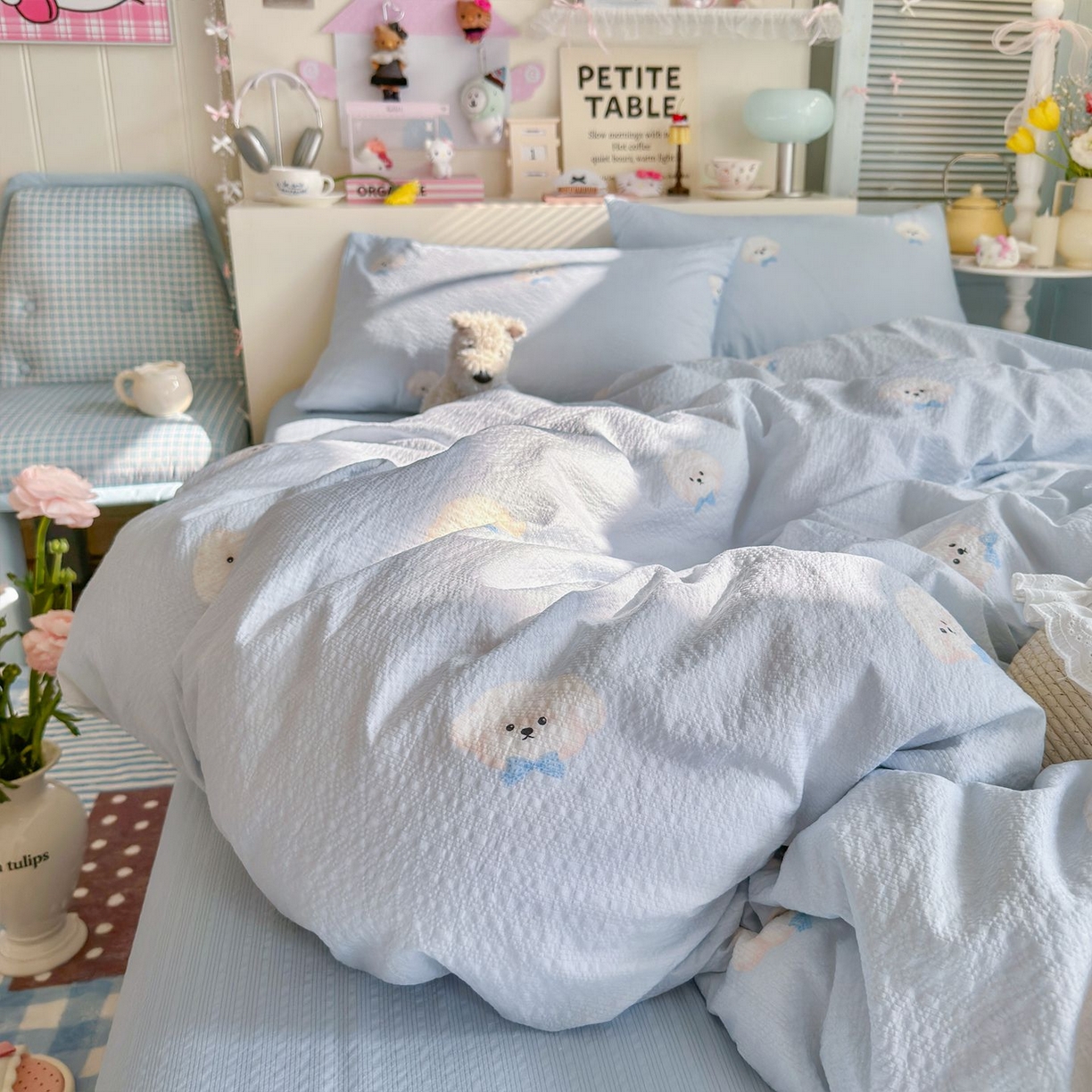 91家纺网 家纺一手货源 找家纺 优选 2026新款110g小清新高克重高品质直播热卖款A类泡芙棉双层纱四件套 绒绒狗