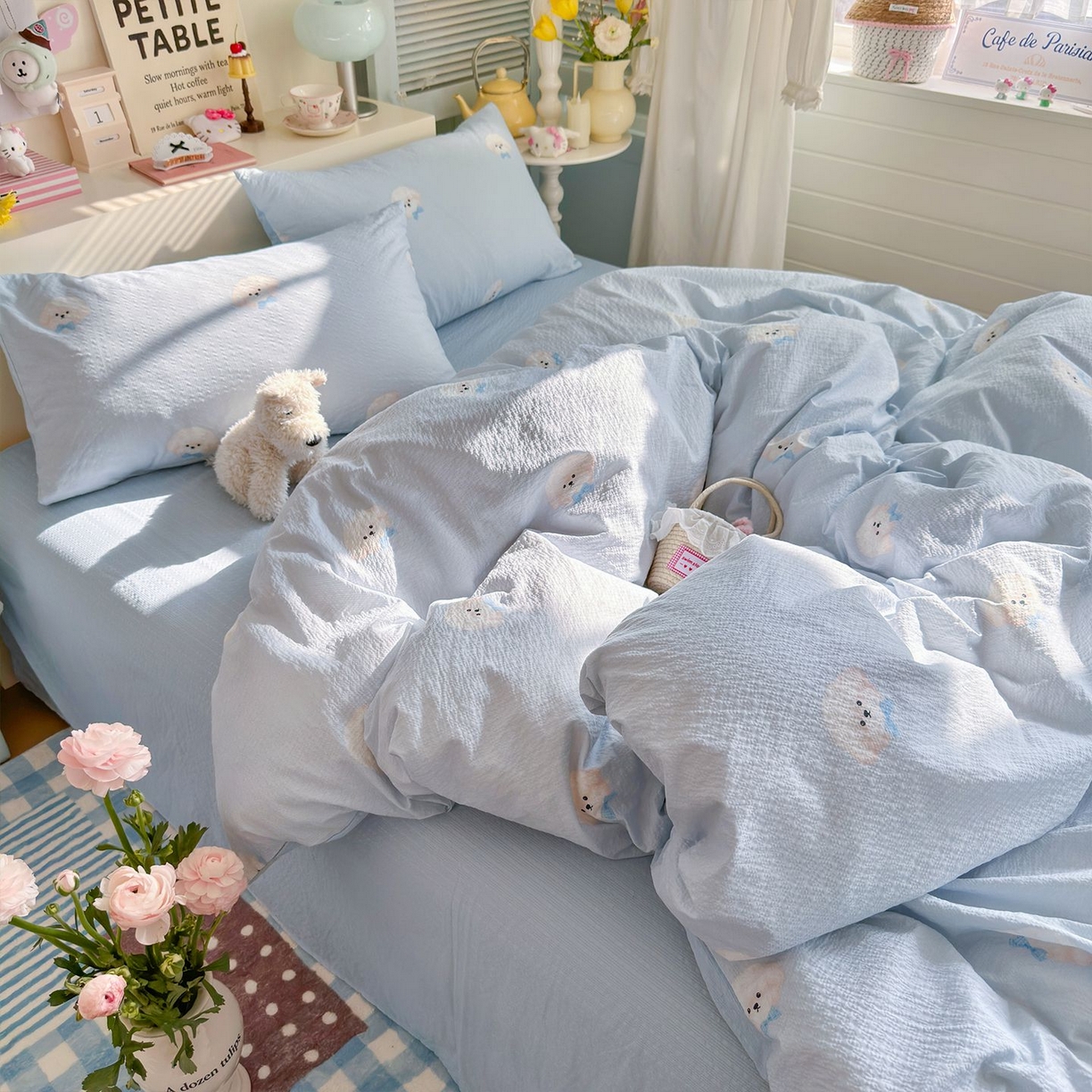 91家纺网 家纺一手货源 找家纺 优选 2026新款110g小清新高克重高品质直播热卖款A类泡芙棉双层纱四件套 绒绒狗