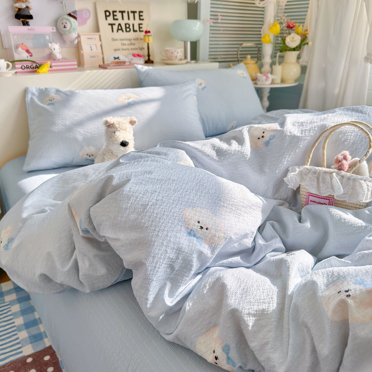 91家纺网 家纺一手货源 找家纺 优选 2026新款110g小清新高克重高品质直播热卖款A类泡芙棉双层纱四件套 绒绒狗