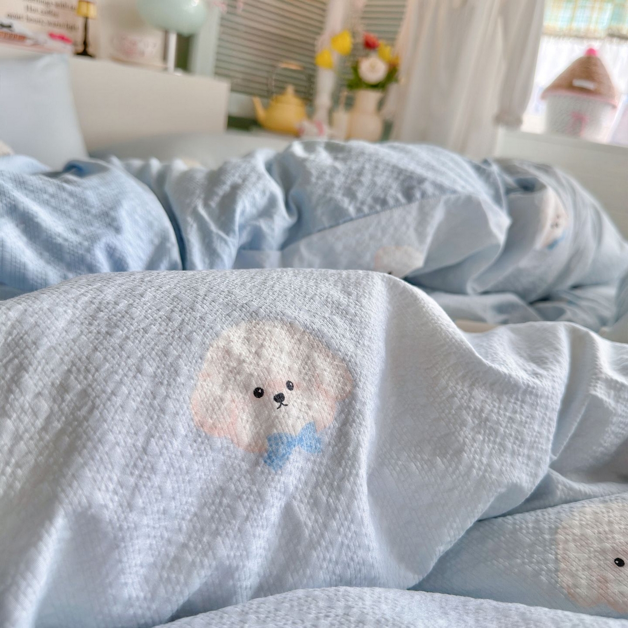 91家纺网 家纺一手货源 找家纺 优选 2026新款110g小清新高克重高品质直播热卖款A类泡芙棉双层纱四件套 绒绒狗