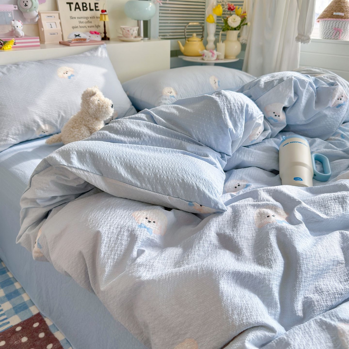 91家纺网 家纺一手货源 找家纺 优选 2026新款110g小清新高克重高品质直播热卖款A类泡芙棉双层纱四件套 绒绒狗