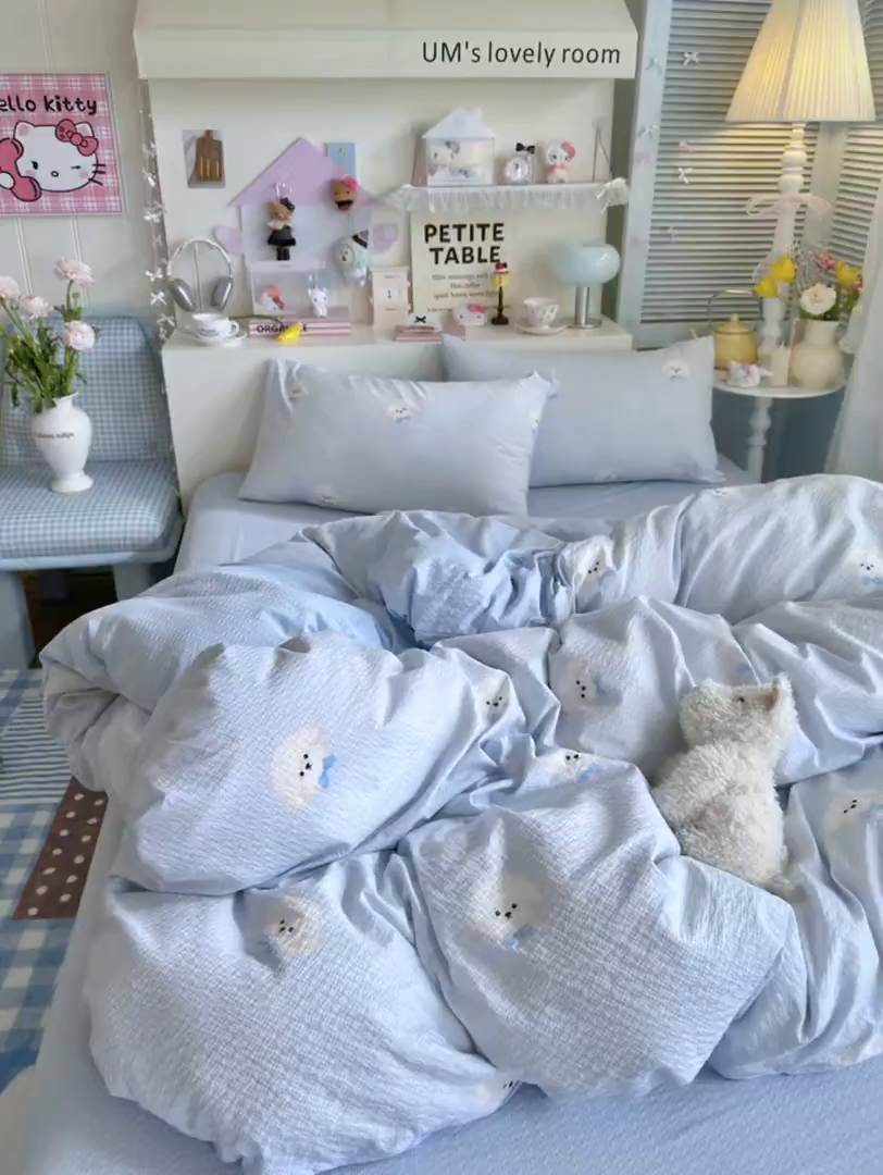 91家纺网 家纺一手货源 找家纺 优选 2026新款110g小清新高克重高品质直播热卖款A类泡芙棉双层纱四件套 绒绒狗