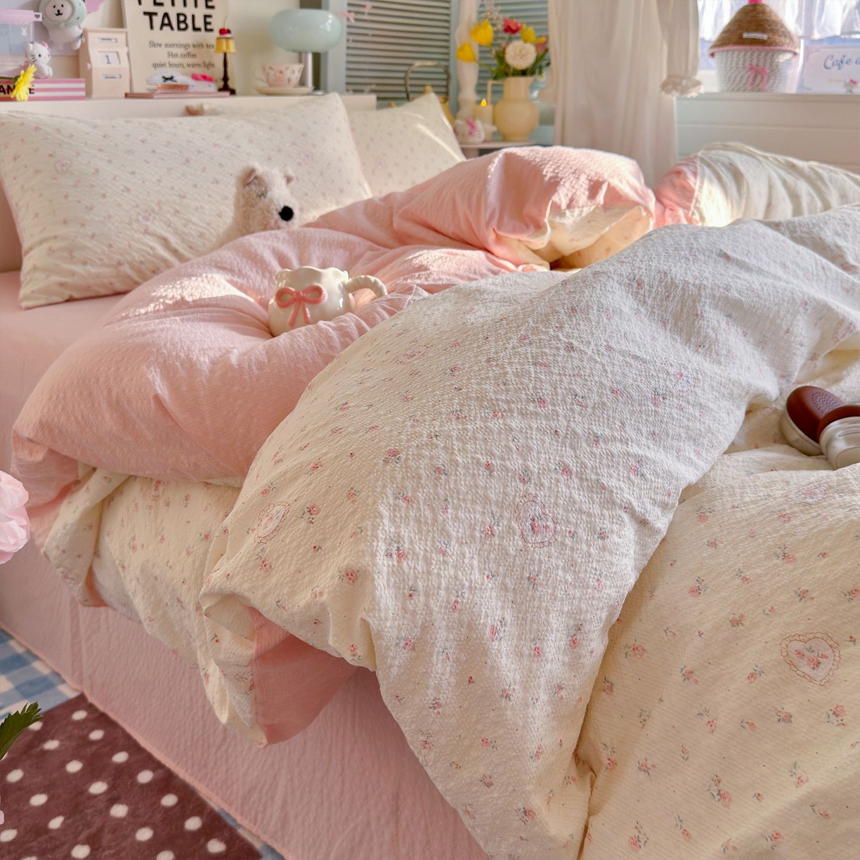 优选 2026新款110g小清新高克重高品质直播热卖款A类泡芙棉双层纱四件套 甜昔