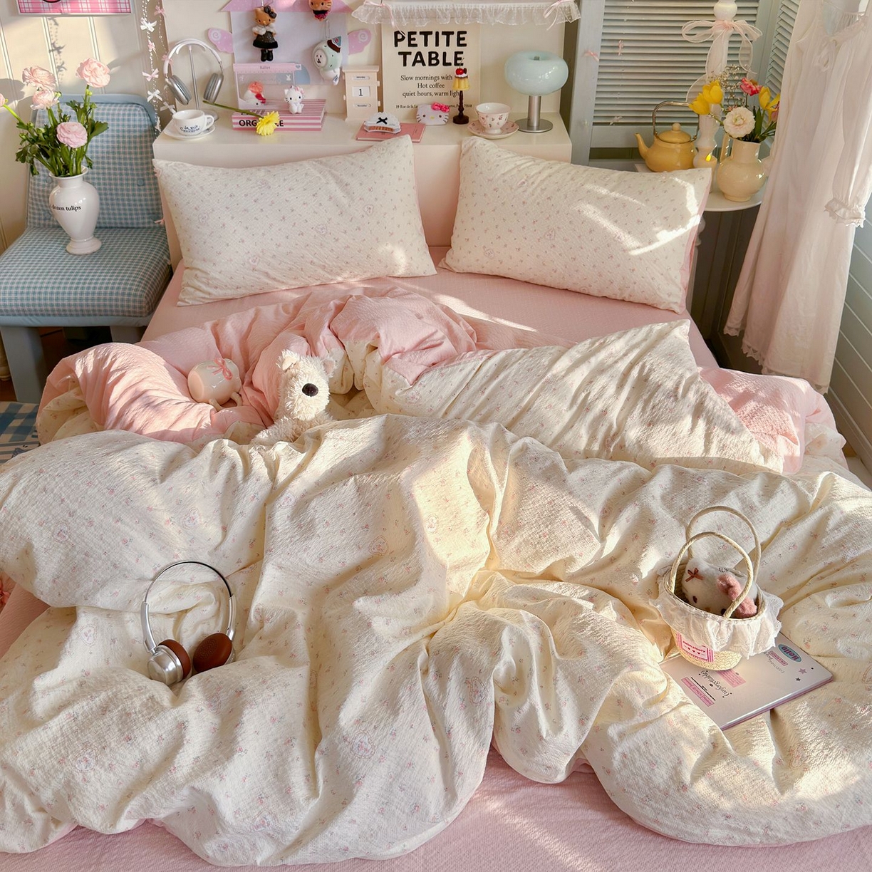 91家纺网 家纺一手货源 找家纺 优选 2026新款110g小清新高克重高品质直播热卖款A类泡芙棉双层纱四件套 甜昔