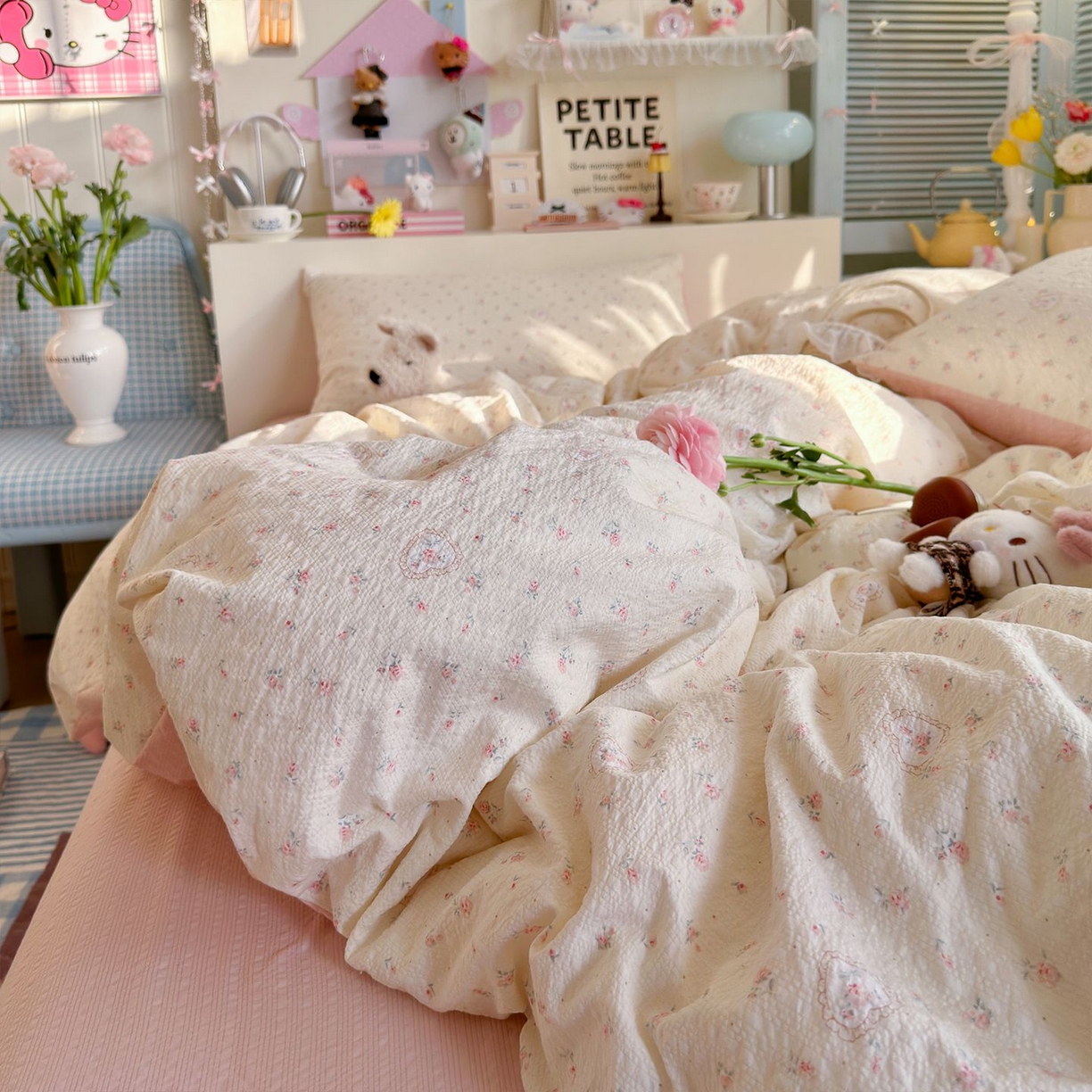 91家纺网 家纺一手货源 找家纺 优选 2026新款110g小清新高克重高品质直播热卖款A类泡芙棉双层纱四件套 甜昔