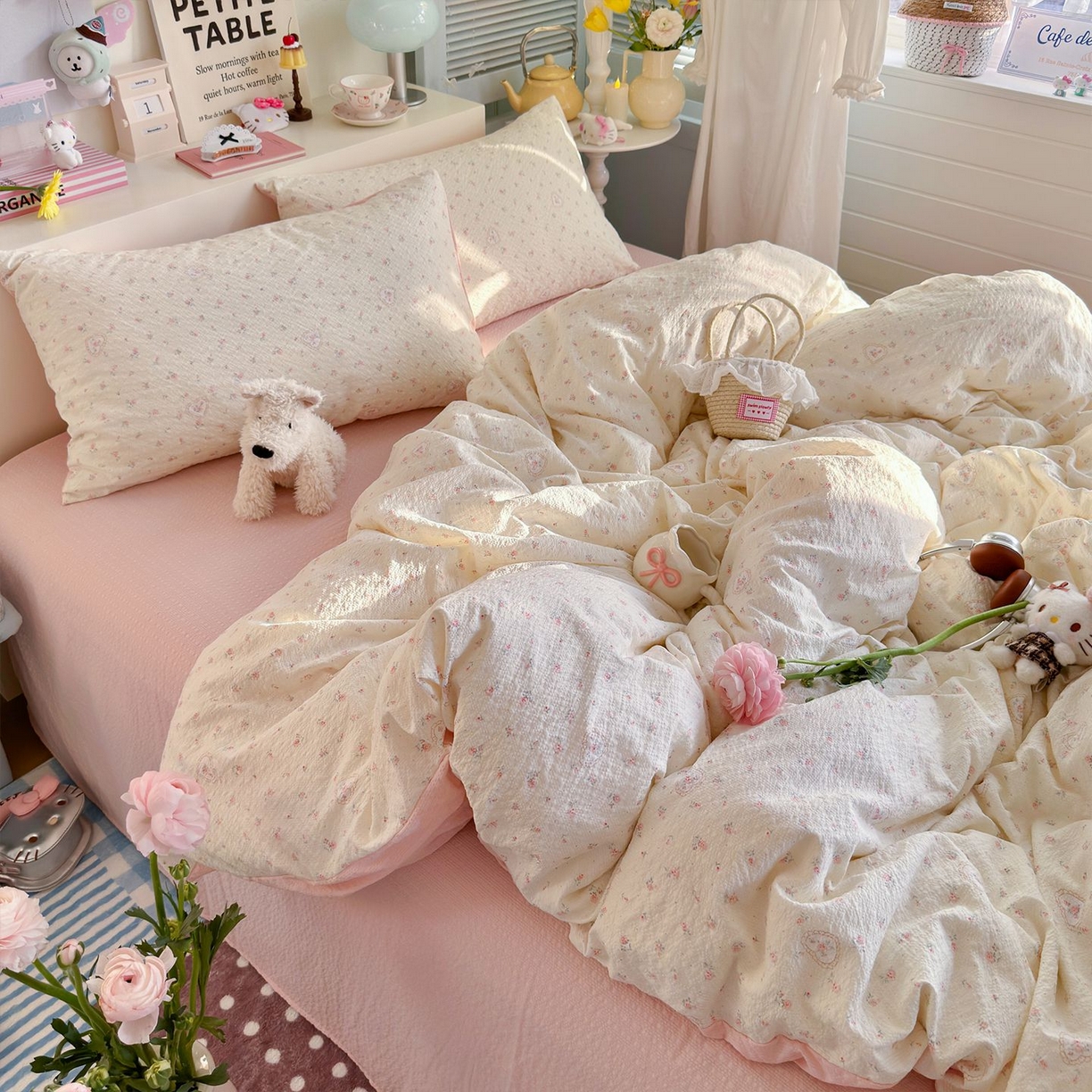 91家纺网 家纺一手货源 找家纺 优选 2026新款110g小清新高克重高品质直播热卖款A类泡芙棉双层纱四件套 甜昔