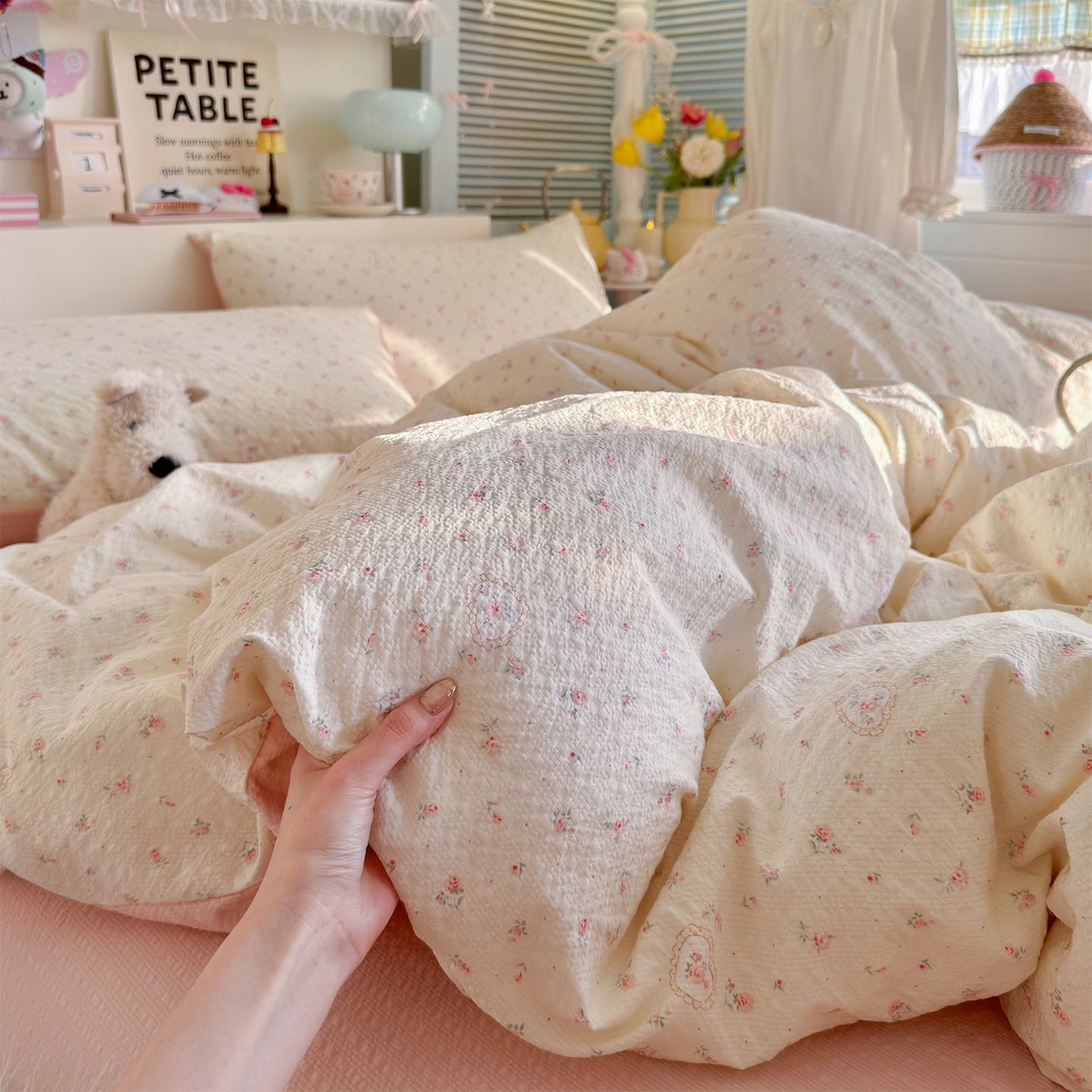 91家纺网 家纺一手货源 找家纺 优选 2026新款110g小清新高克重高品质直播热卖款A类泡芙棉双层纱四件套 甜昔