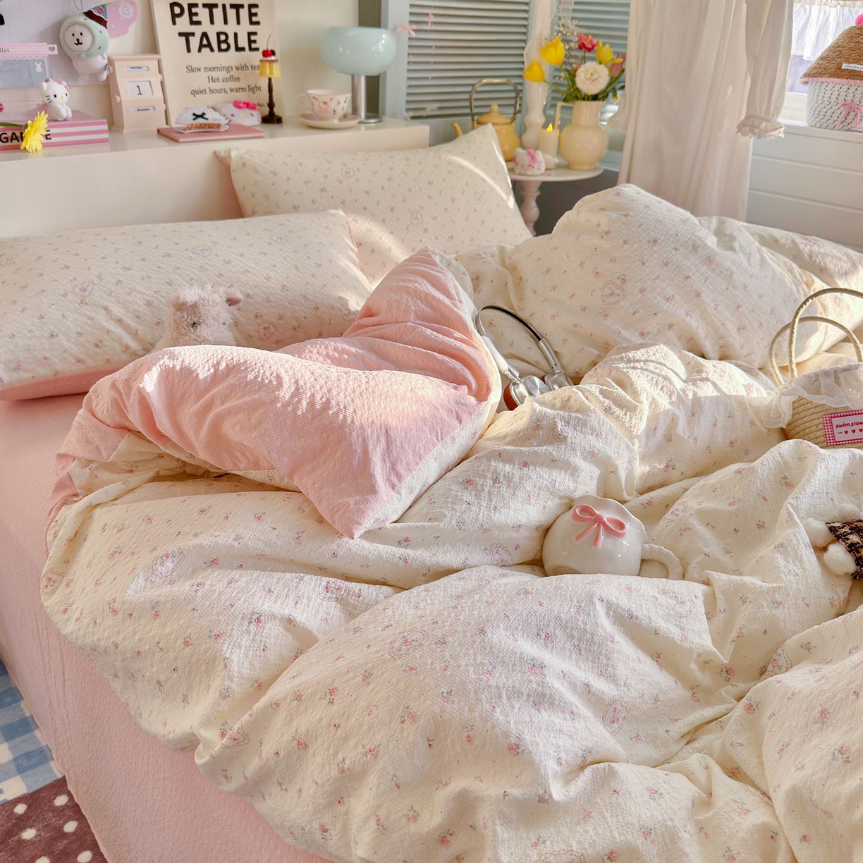 91家纺网 家纺一手货源 找家纺 优选 2026新款110g小清新高克重高品质直播热卖款A类泡芙棉双层纱四件套 甜昔