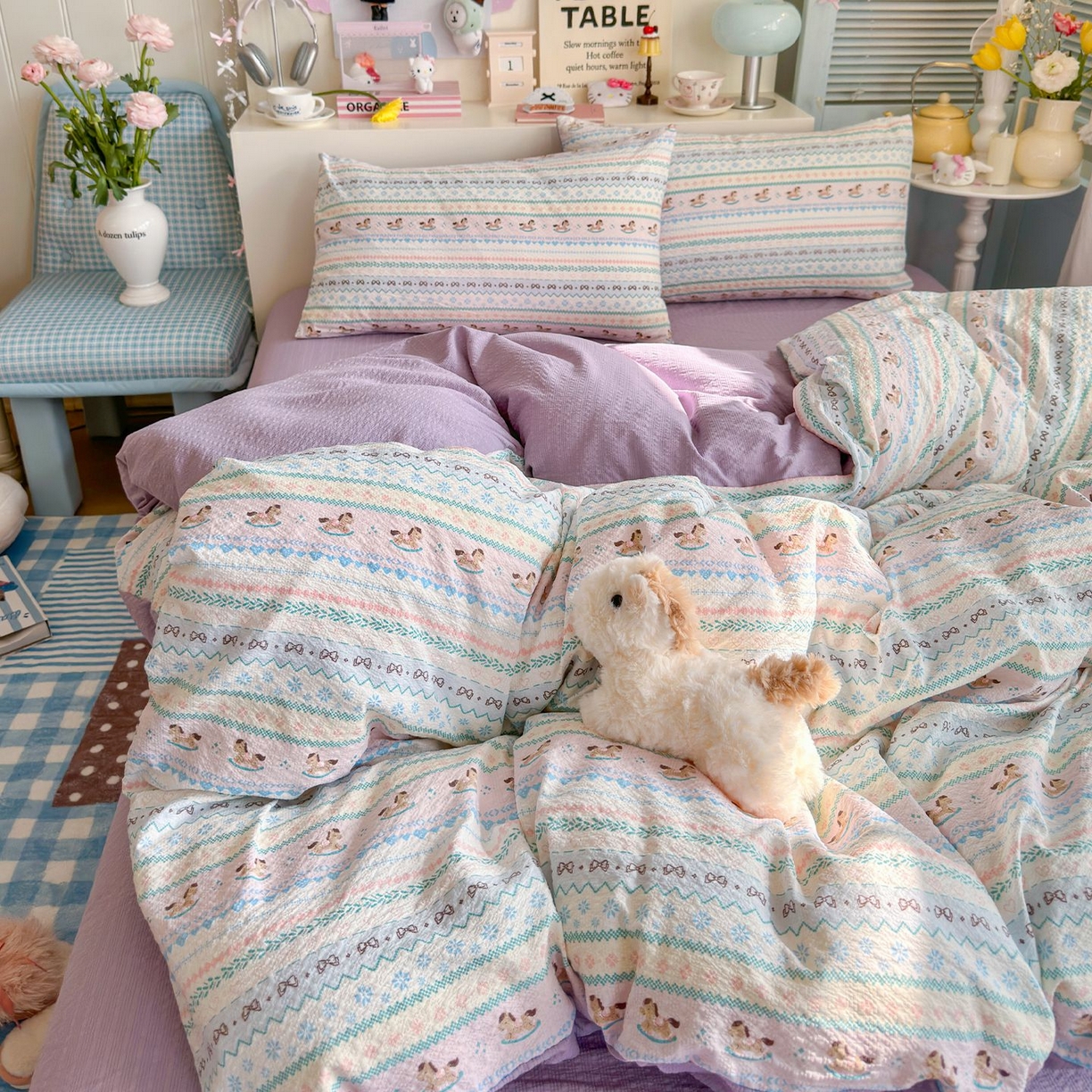 91家纺网 家纺一手货源 找家纺 优选 2026新款110g小清新高克重高品质直播热卖款A类泡芙棉双层纱四件套 童年木马