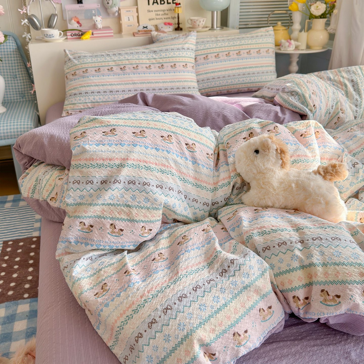 91家纺网 家纺一手货源 找家纺 优选 2026新款110g小清新高克重高品质直播热卖款A类泡芙棉双层纱四件套 童年木马