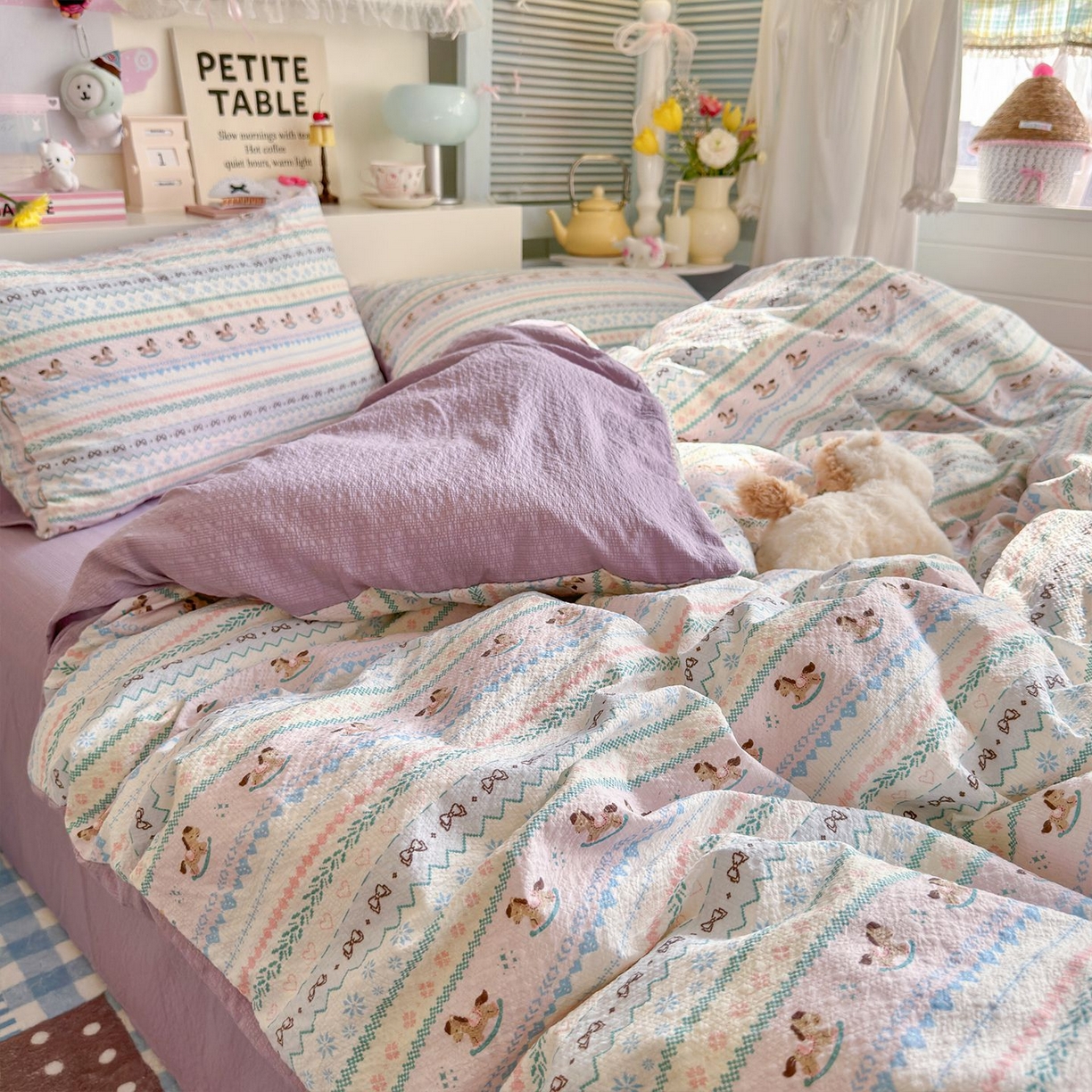 91家纺网 家纺一手货源 找家纺 优选 2026新款110g小清新高克重高品质直播热卖款A类泡芙棉双层纱四件套 童年木马