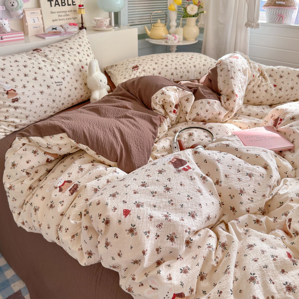 91家纺网 家纺一手货源 找家纺 优选 2026新款110g小清新高克重高品质直播热卖款A类泡芙棉双层纱四件套 兔兔后花园