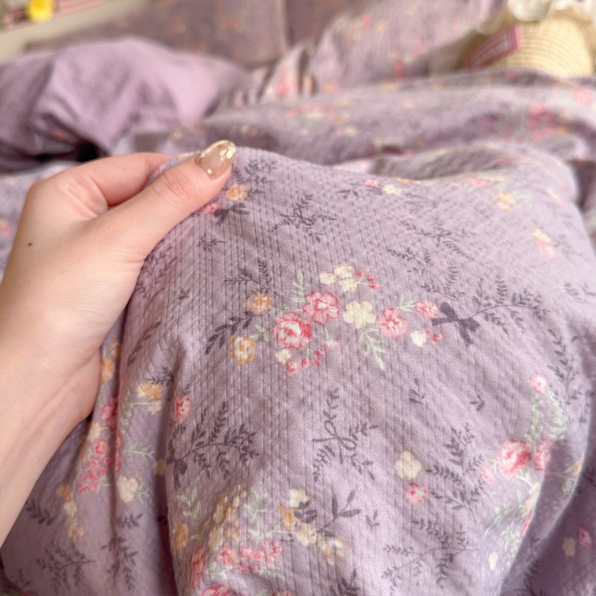 91家纺网 家纺一手货源 找家纺 优选 2026新款110g小清新高克重高品质直播热卖款A类泡芙棉双层纱四件套 香风颂