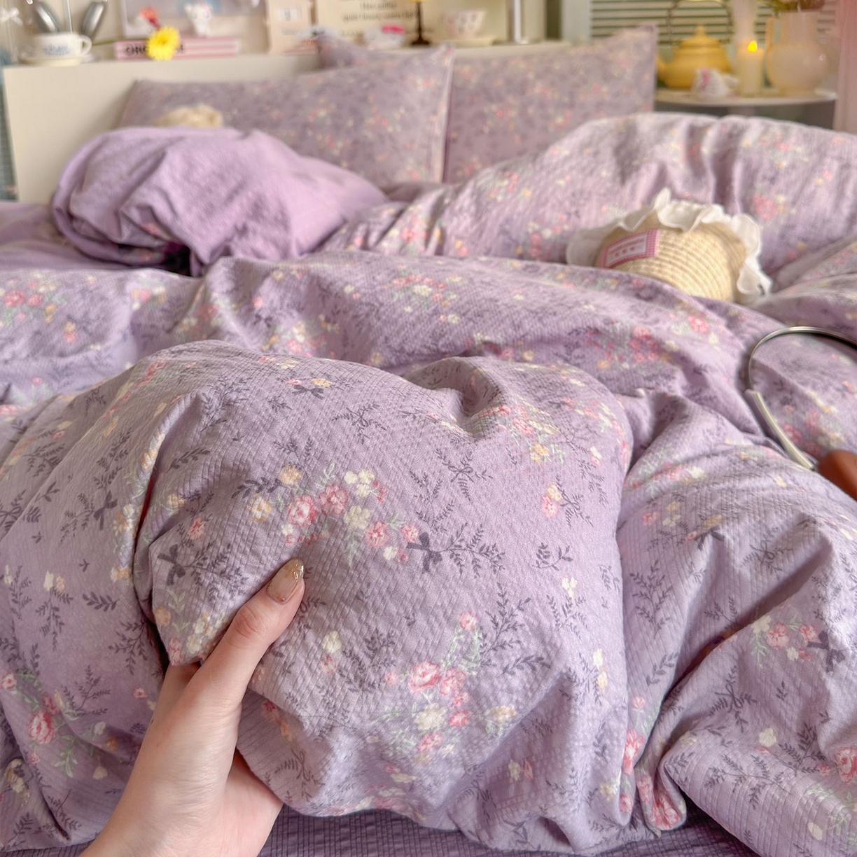 91家纺网 家纺一手货源 找家纺 优选 2026新款110g小清新高克重高品质直播热卖款A类泡芙棉双层纱四件套 香风颂