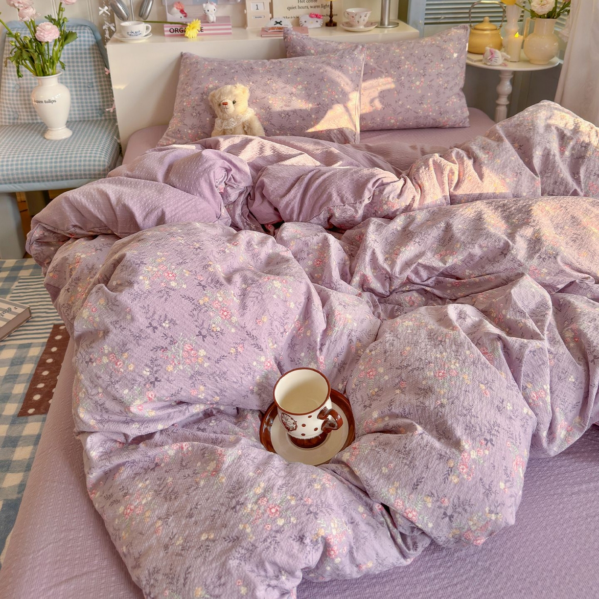 91家纺网 家纺一手货源 找家纺 优选 2026新款110g小清新高克重高品质直播热卖款A类泡芙棉双层纱四件套 香风颂