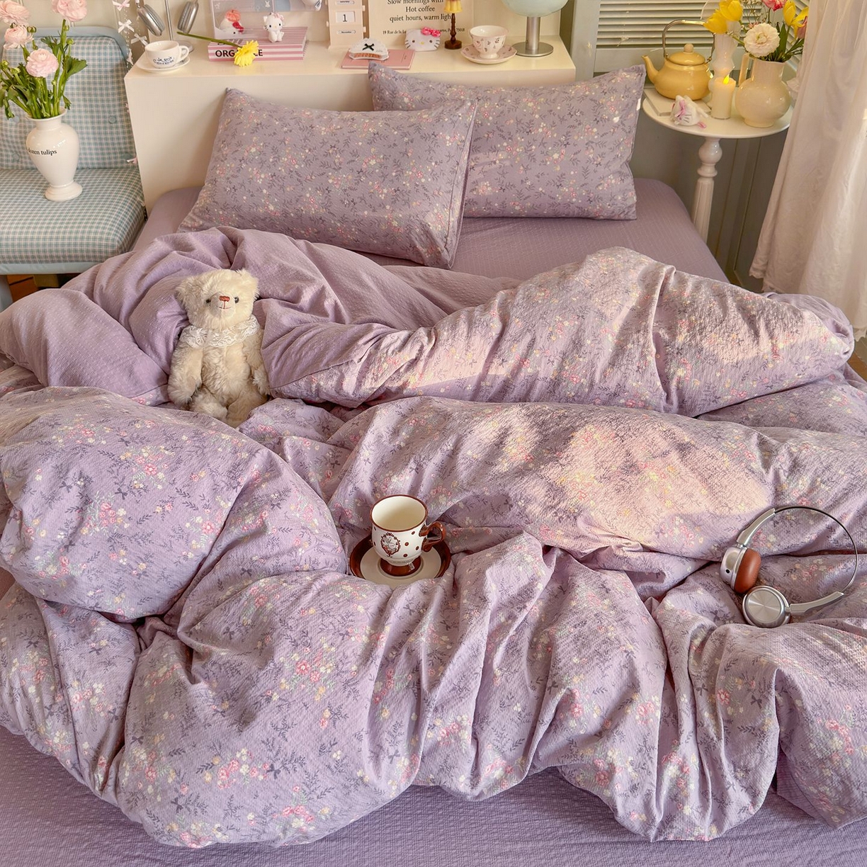 91家纺网 家纺一手货源 找家纺 优选 2026新款110g小清新高克重高品质直播热卖款A类泡芙棉双层纱四件套 香风颂