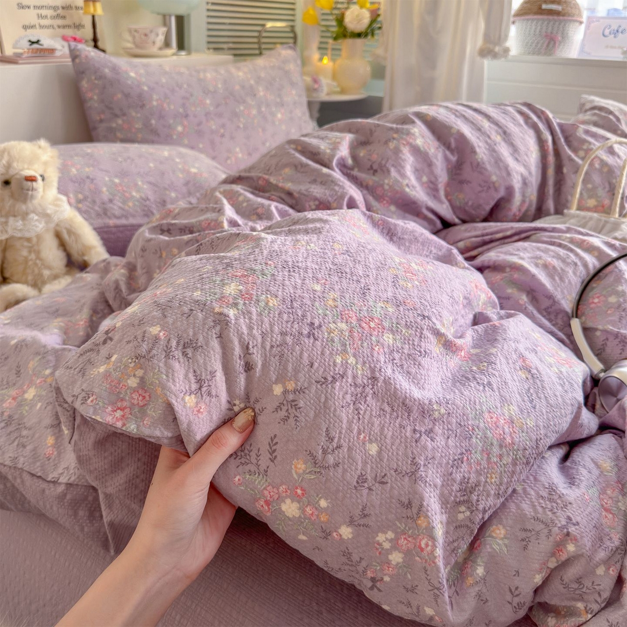 91家纺网 家纺一手货源 找家纺 优选 2026新款110g小清新高克重高品质直播热卖款A类泡芙棉双层纱四件套 香风颂