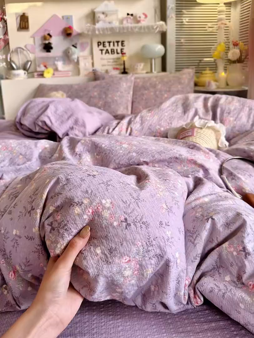91家纺网 家纺一手货源 找家纺 优选 2026新款110g小清新高克重高品质直播热卖款A类泡芙棉双层纱四件套 香风颂