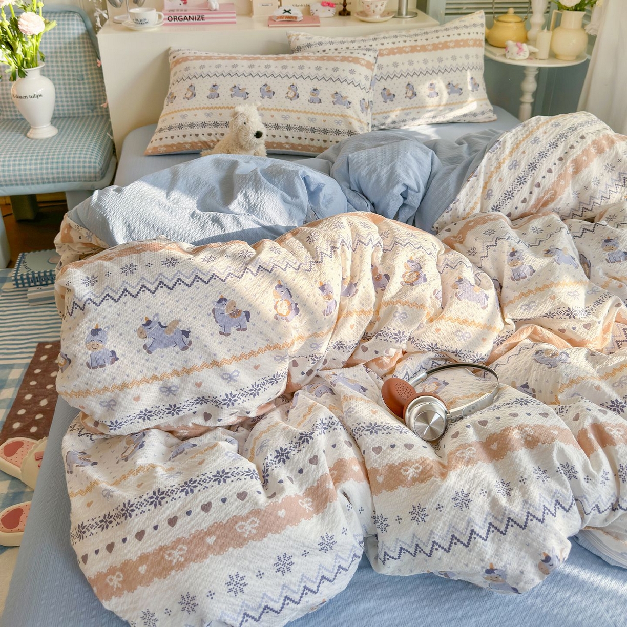 91家纺网 家纺一手货源 找家纺 优选 2026新款110g小清新高克重高品质直播热卖款A类泡芙棉双层纱四件套 小马独角兽