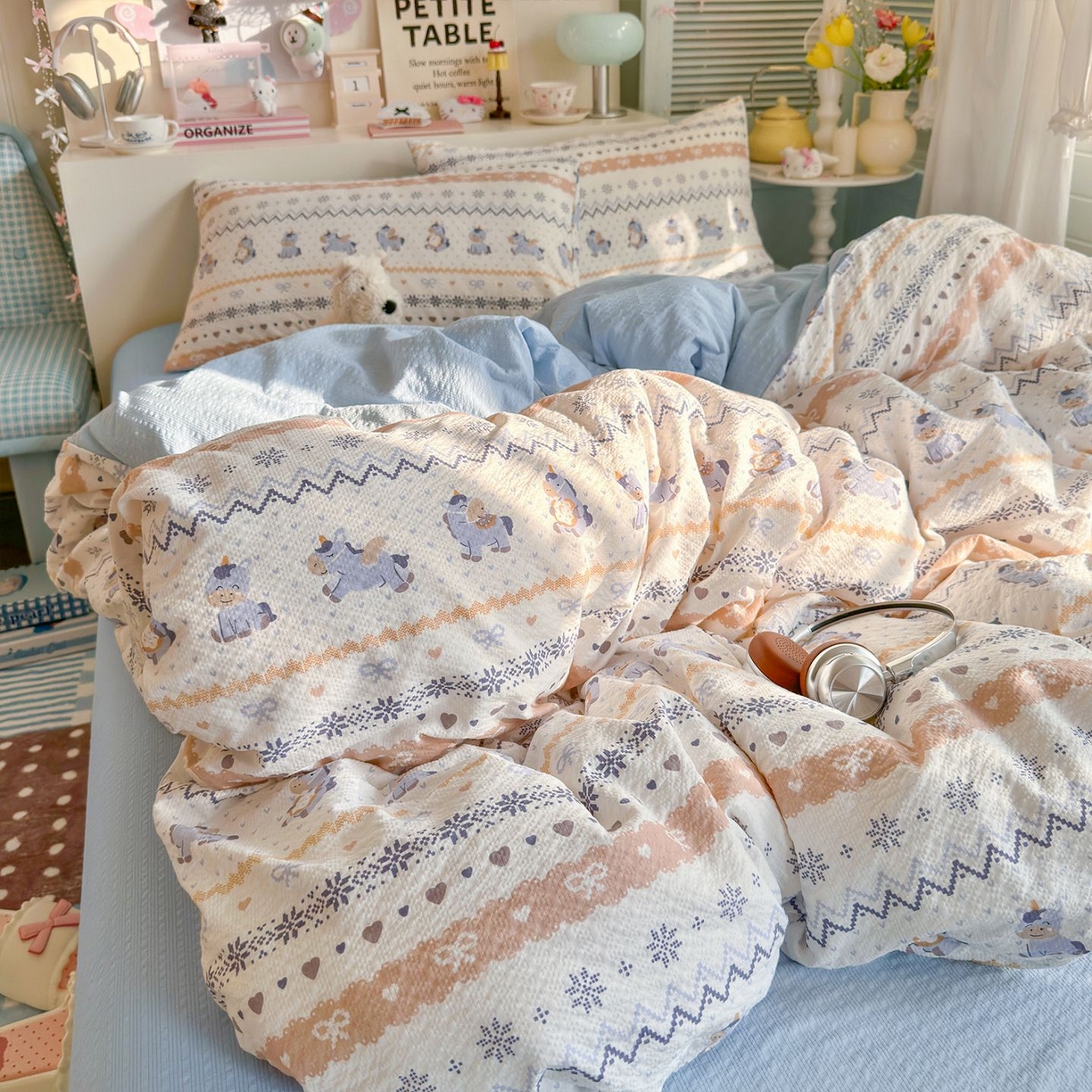 91家纺网 家纺一手货源 找家纺 优选 2026新款110g小清新高克重高品质直播热卖款A类泡芙棉双层纱四件套 小马独角兽