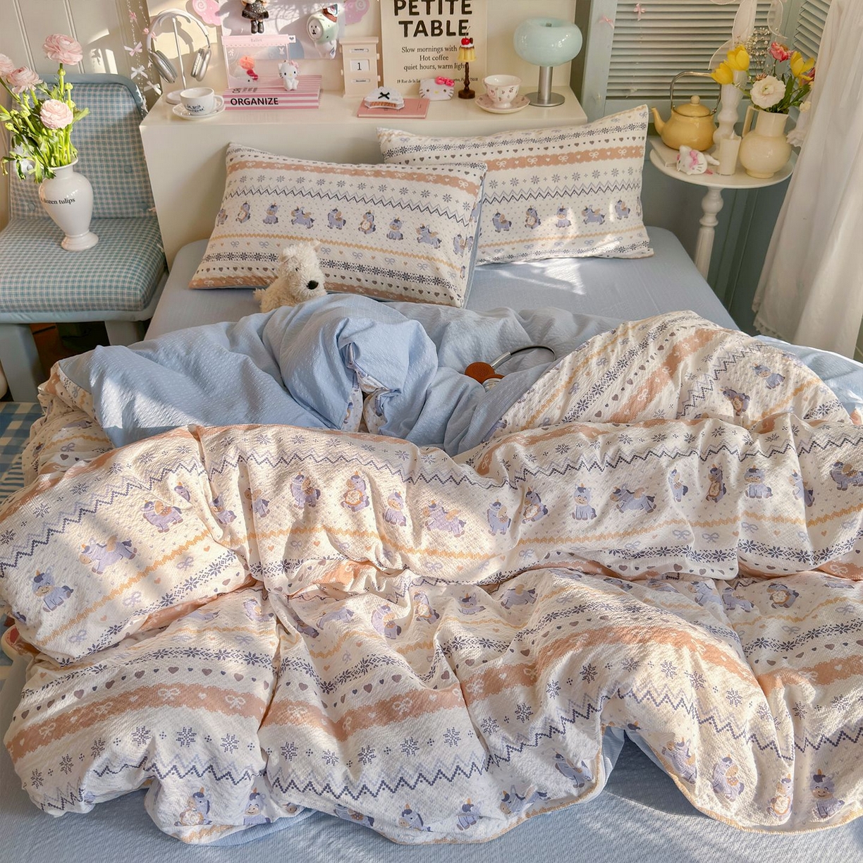 91家纺网 家纺一手货源 找家纺 优选 2026新款110g小清新高克重高品质直播热卖款A类泡芙棉双层纱四件套 小马独角兽