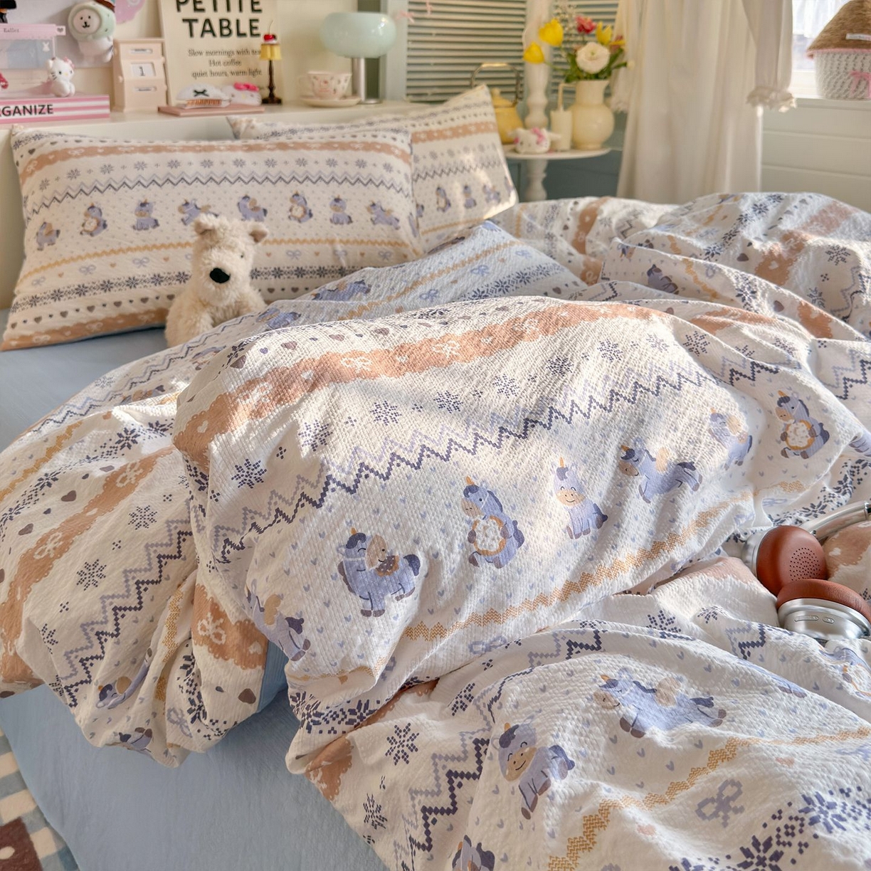 91家纺网 家纺一手货源 找家纺 优选 2026新款110g小清新高克重高品质直播热卖款A类泡芙棉双层纱四件套 小马独角兽