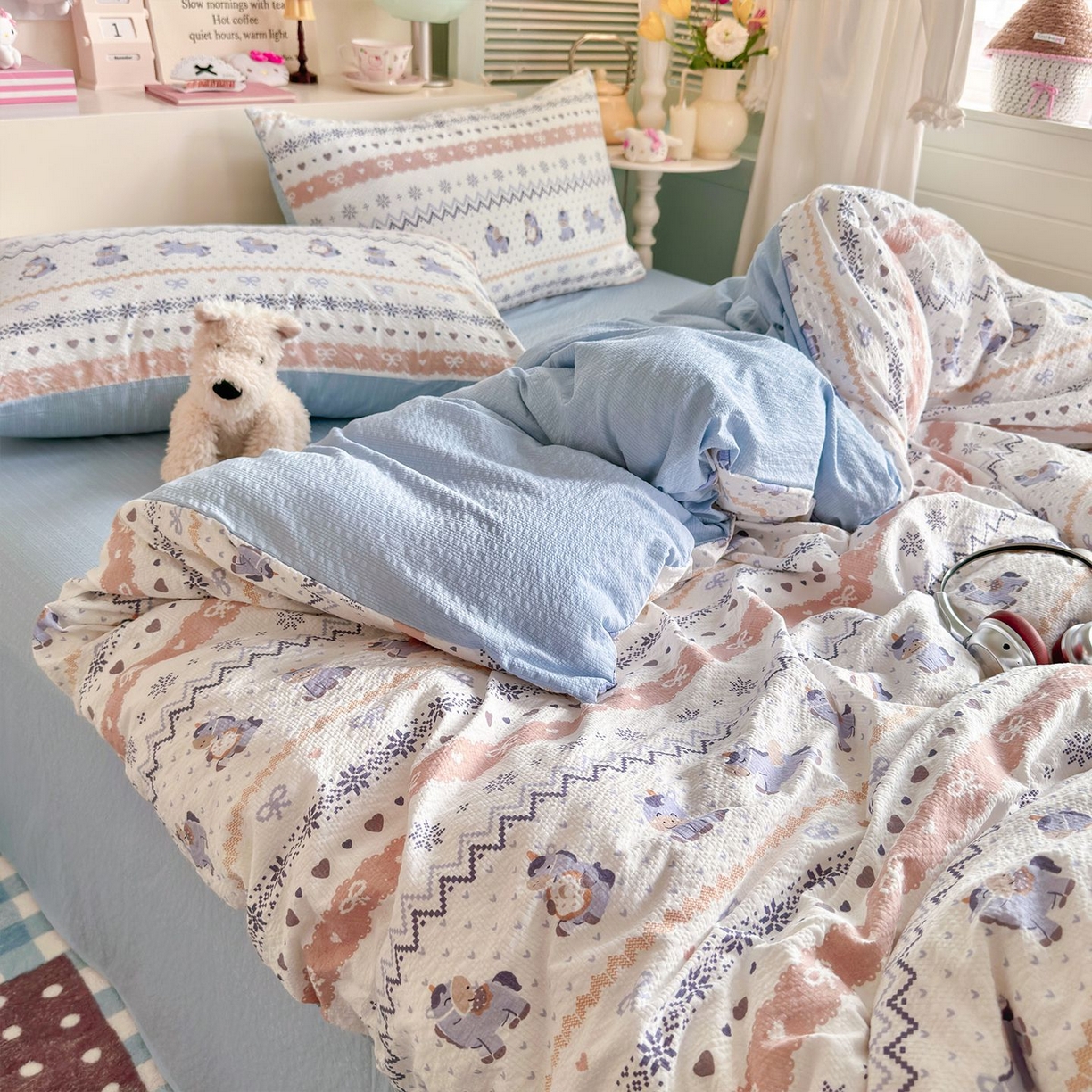 91家纺网 家纺一手货源 找家纺 优选 2026新款110g小清新高克重高品质直播热卖款A类泡芙棉双层纱四件套 小马独角兽