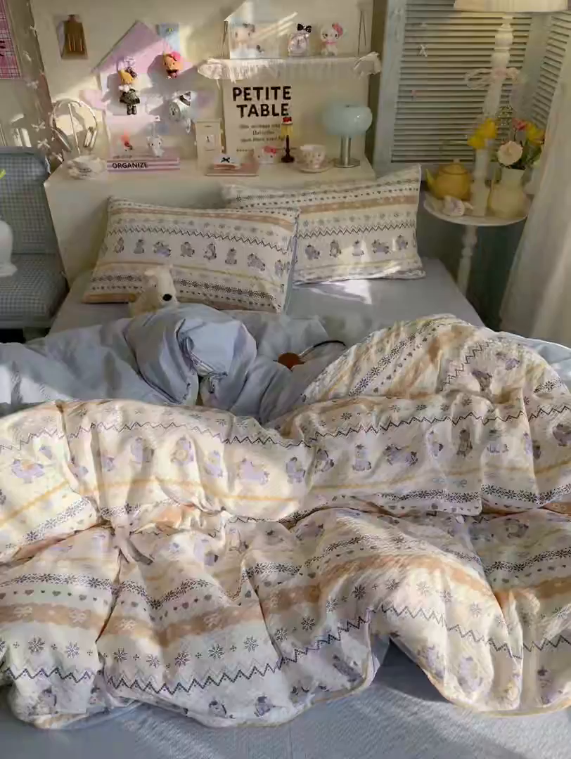 91家纺网 家纺一手货源 找家纺 优选 2026新款110g小清新高克重高品质直播热卖款A类泡芙棉双层纱四件套 小马独角兽