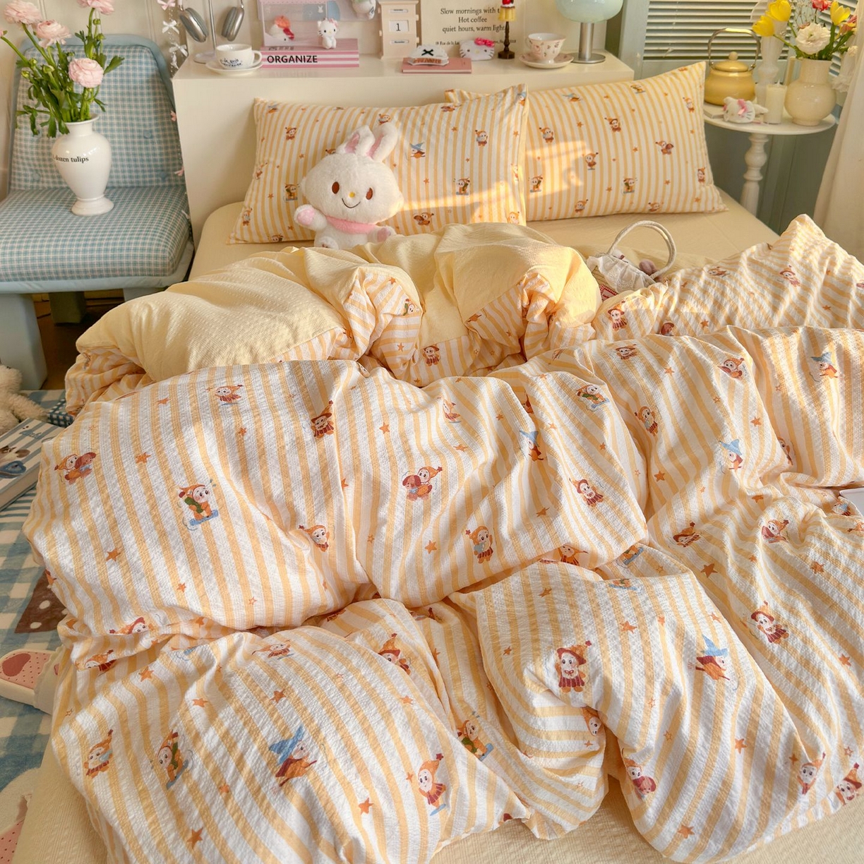 91家纺网 家纺一手货源 找家纺 优选 2026新款110g小清新高克重高品质直播热卖款A类泡芙棉双层纱四件套 星星人