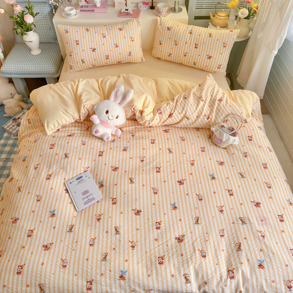 91家纺网 家纺一手货源 找家纺 优选 2026新款110g小清新高克重高品质直播热卖款A类泡芙棉双层纱四件套 星星人