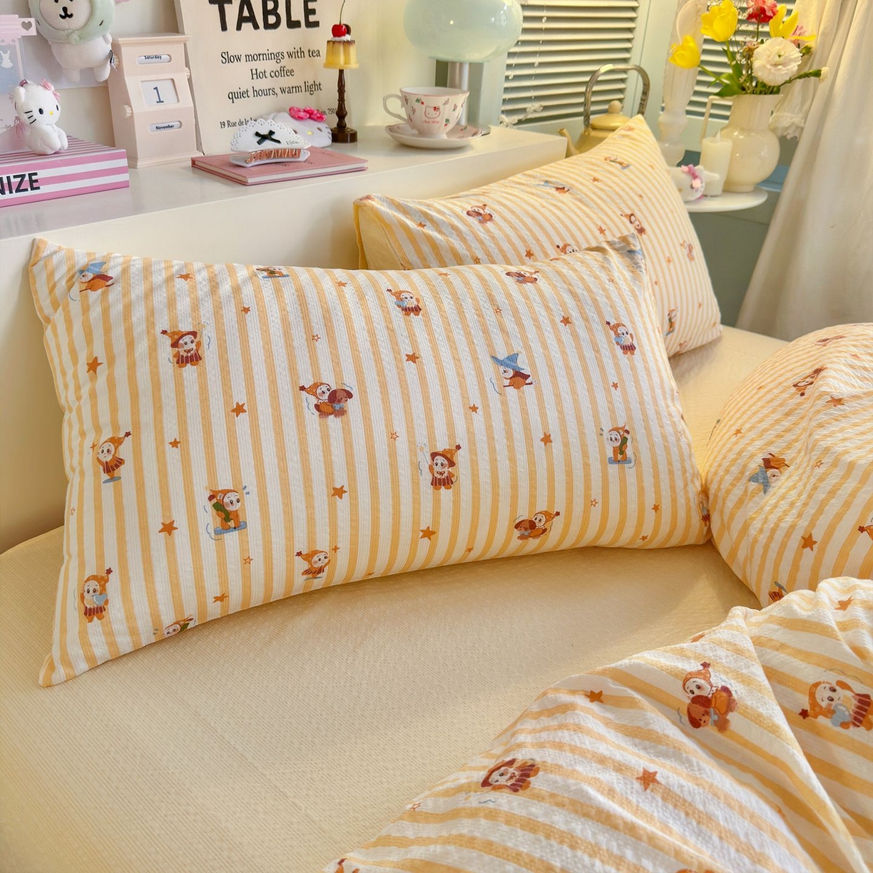 91家纺网 家纺一手货源 找家纺 优选 2026新款110g小清新高克重高品质直播热卖款A类泡芙棉双层纱四件套 星星人