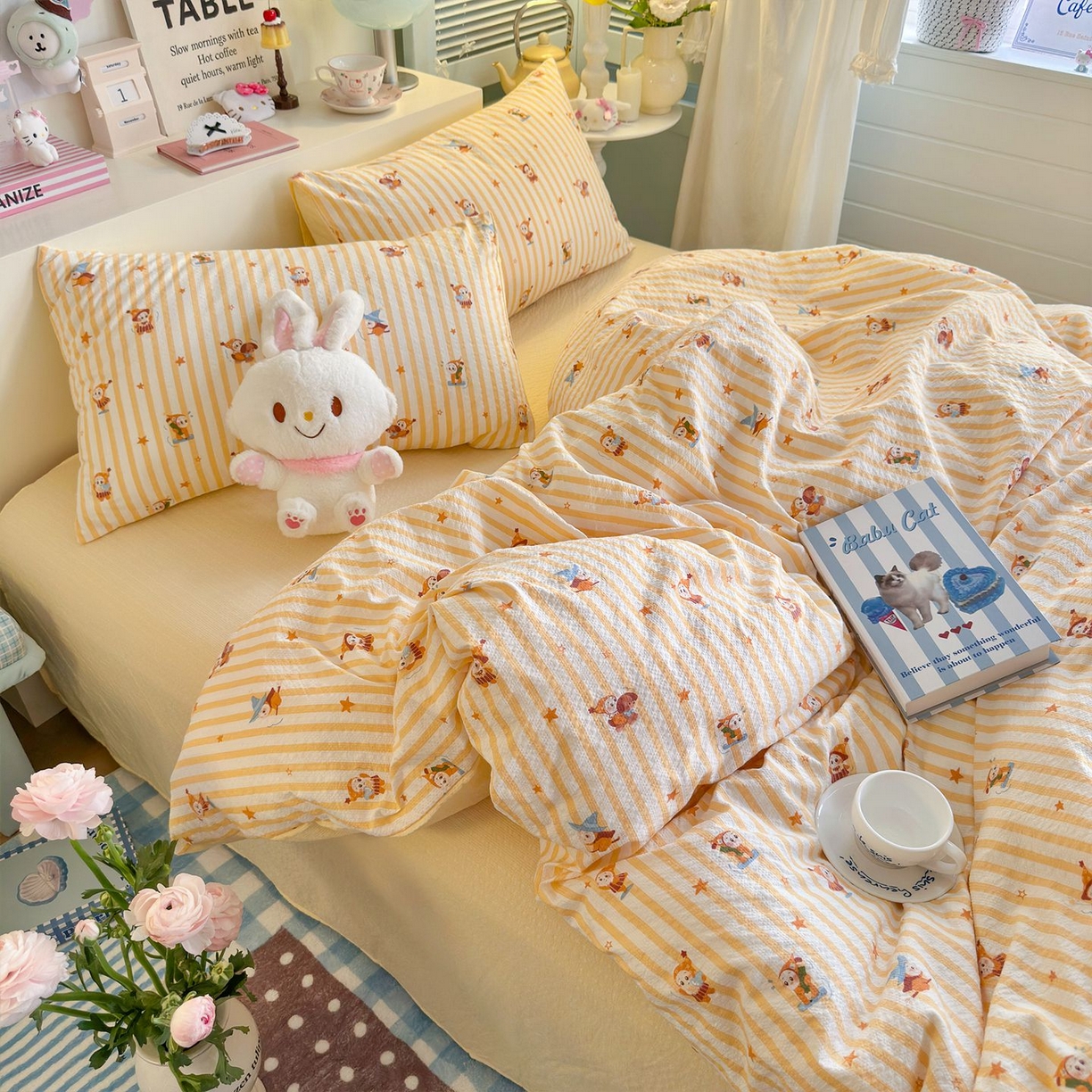 91家纺网 家纺一手货源 找家纺 优选 2026新款110g小清新高克重高品质直播热卖款A类泡芙棉双层纱四件套 星星人