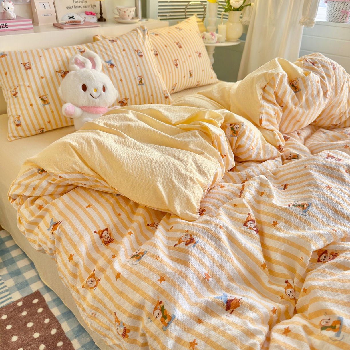 91家纺网 家纺一手货源 找家纺 优选 2026新款110g小清新高克重高品质直播热卖款A类泡芙棉双层纱四件套 星星人