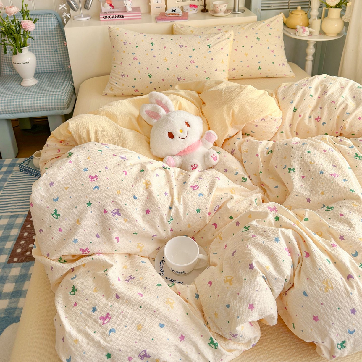 91家纺网 家纺一手货源 找家纺 优选 2026新款110g小清新高克重高品质直播热卖款A类泡芙棉双层纱四件套 绚烂星空