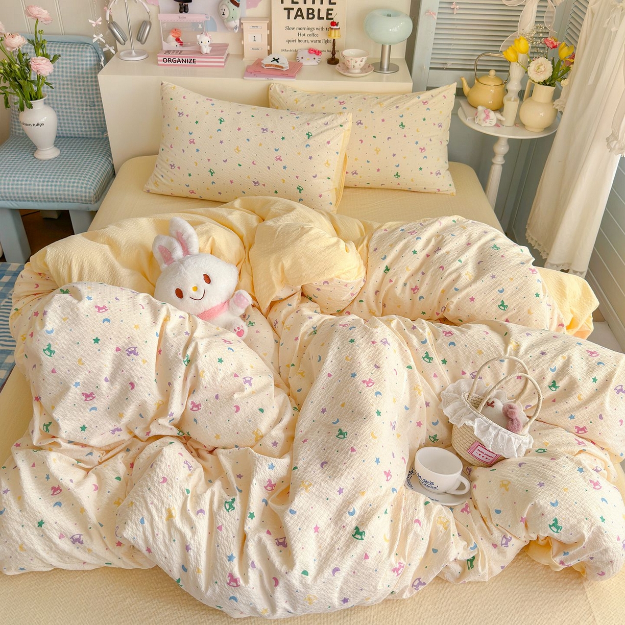 91家纺网 家纺一手货源 找家纺 优选 2026新款110g小清新高克重高品质直播热卖款A类泡芙棉双层纱四件套 绚烂星空