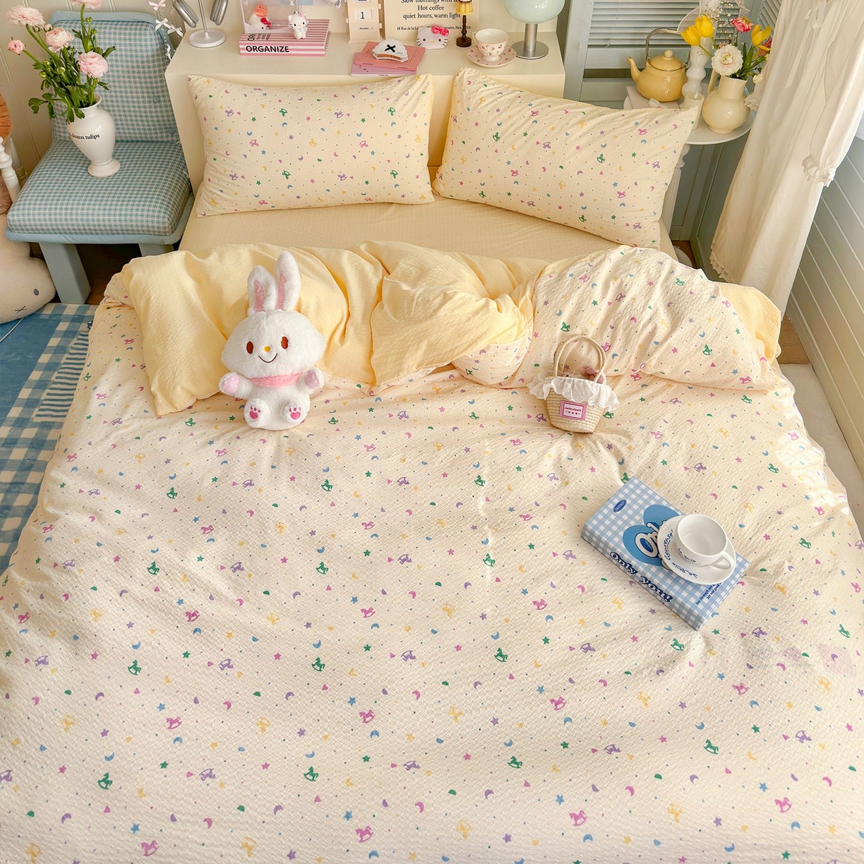 91家纺网 家纺一手货源 找家纺 优选 2026新款110g小清新高克重高品质直播热卖款A类泡芙棉双层纱四件套 绚烂星空