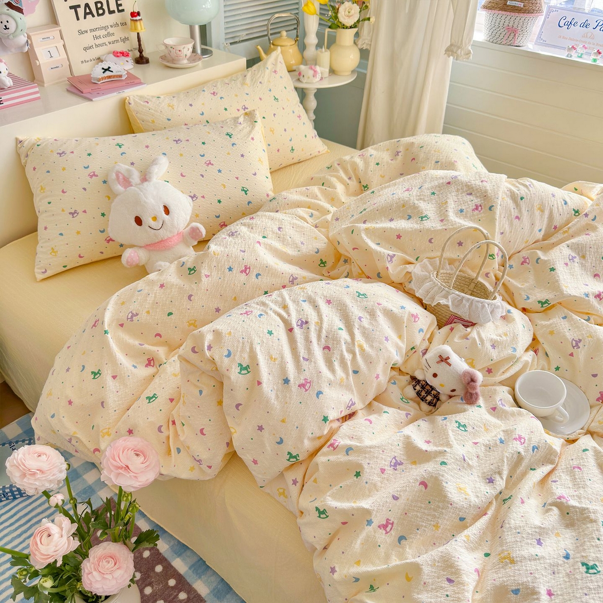 91家纺网 家纺一手货源 找家纺 优选 2026新款110g小清新高克重高品质直播热卖款A类泡芙棉双层纱四件套 绚烂星空