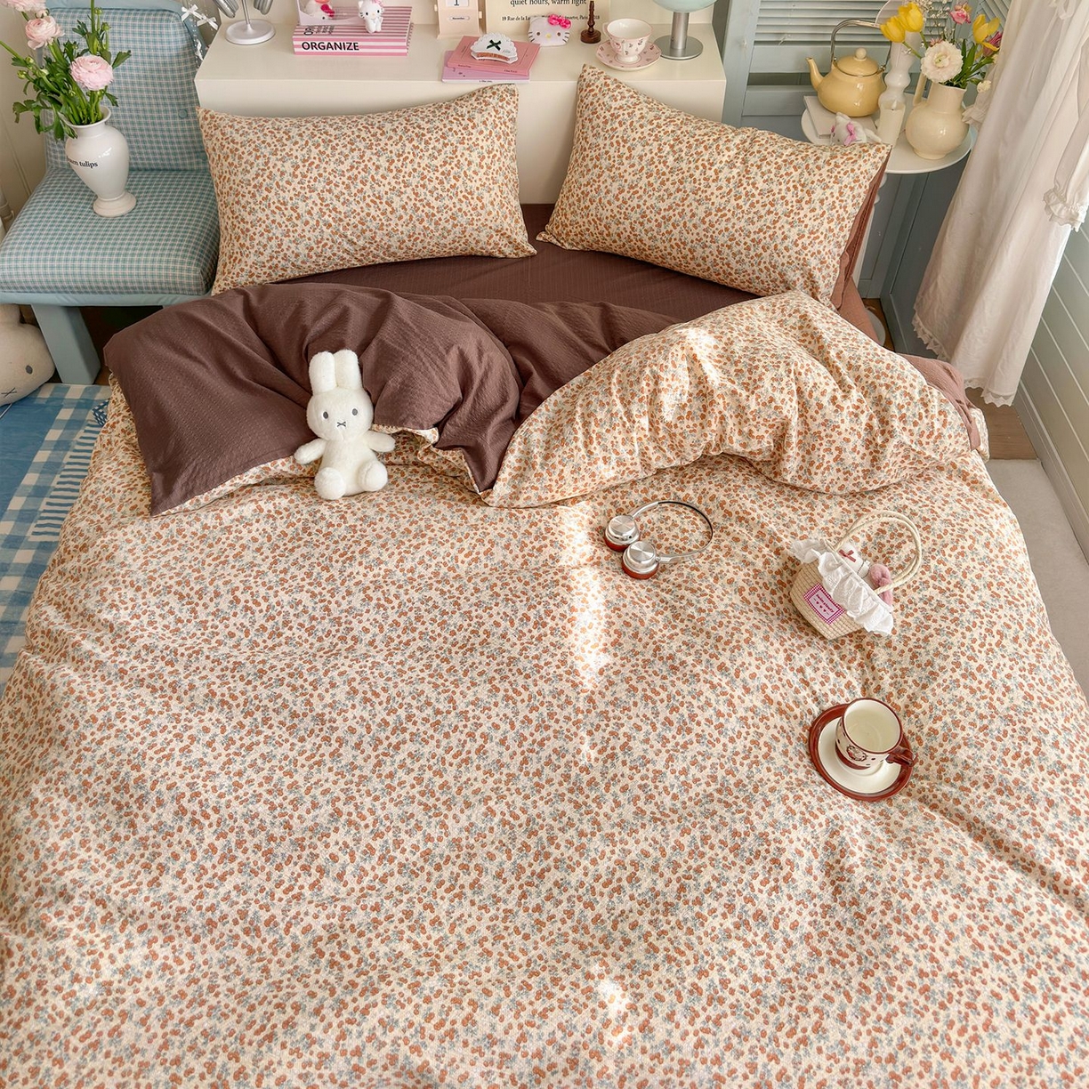 91家纺网 家纺一手货源 找家纺 优选 2026新款110g小清新高克重高品质直播热卖款A类泡芙棉双层纱四件套 伊柠